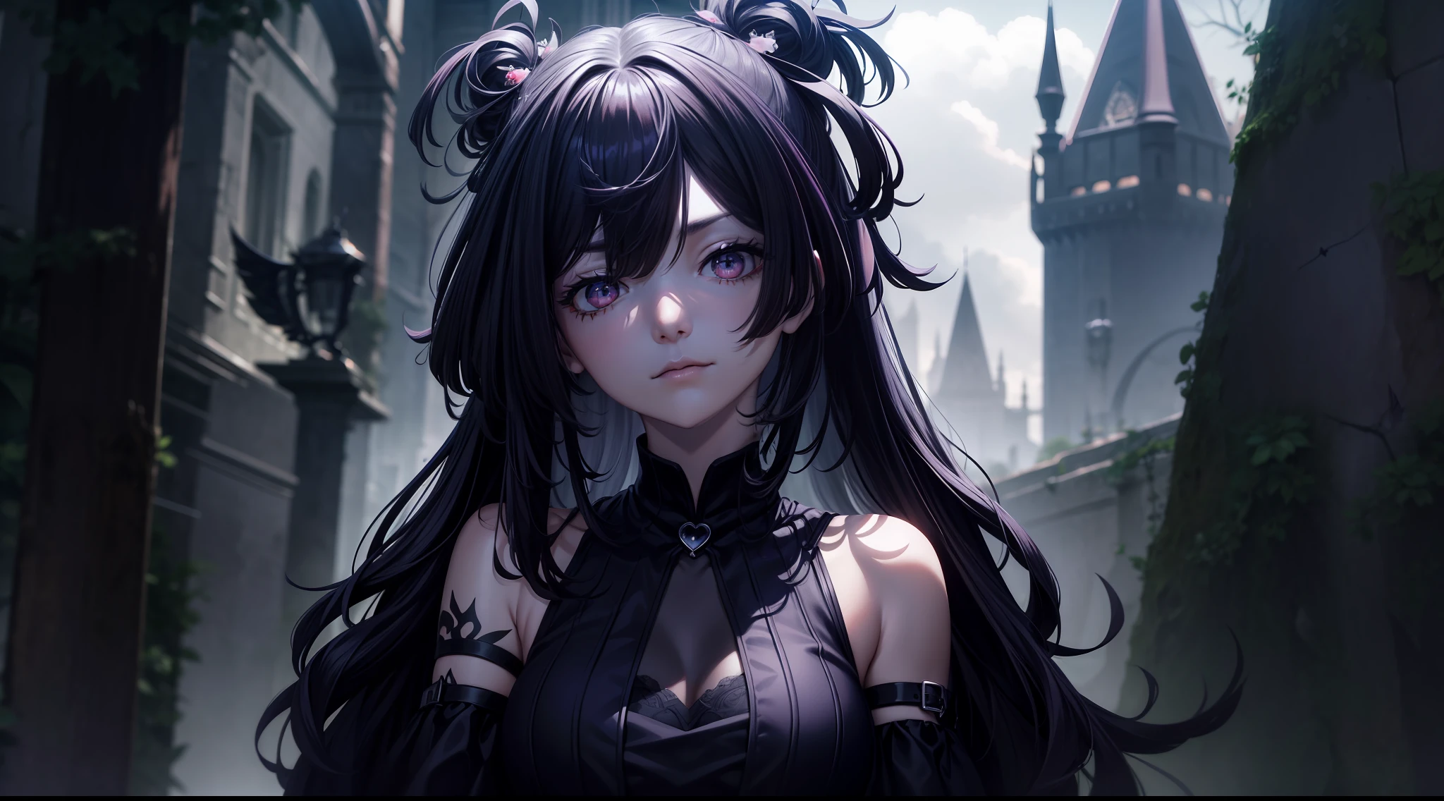 The spooky castle has a dark 、A pair of bright and deep、Mysterious big eyes,The eyes reveal an invincible temperament。 ccurateblack hair:Her hair is jet black,Can be trimmed into short curls or fluffy curls, Wearing some peculiar hair accessories,If there is a bat-shaped hairpin、Headgear or pins, etc、Wear black or dark purple,to highlight her dark style、Wear a black dress or black long-sleeved top with a dark skirt、There may be some peculiar patterns or tattoos on the clothes,Like skeletons、serpent、cawing ravens, etc、Mysterious and eerie feeling、Wear black high boots or pair them with fishnet socks,Rebellious and solemn atmosphere、Wear a black cape or cape in cold weather、Delicate face、(Extreme Detail CG Unity 8K Wallpapers,tmasterpiece,Highest image quality),(Delicate light and shadow,The picture is highly dramatic,Cinematic lens effect),