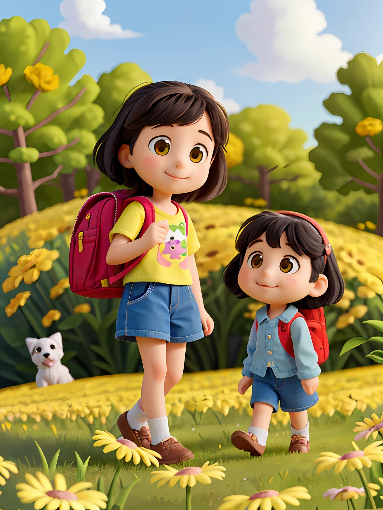 A very charming little girl with a backpack and her cute border collie puppy enjoying a lovely spring outing surrounded by beautiful yellow flowers and nature. The illustration is a high-definition illustration in 4K resolution with highly detailed facial features and cartoon-style visuals.