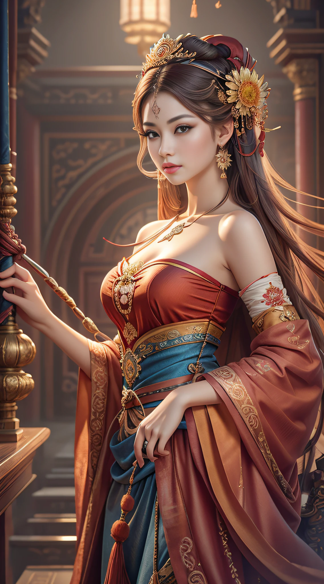 Best quality, masterpiece, ultra-detailed high resolution, (realistic: 1.4), original photos, illustrations,
1 Girl standing with a weapon, full body photo (solo: 1.2), (denim lens: 1.2), (hair crown: 1.2), Chinese Dunhuang traditional costume, strapless, (red eyeliner: 1.2), (: 1.4), earrings, dynamic angle, opera house, messy_long_hair, ink, movie lighting, lens_flare, velvet, chrysanthemum, tassel, ribbon, color embroidery,