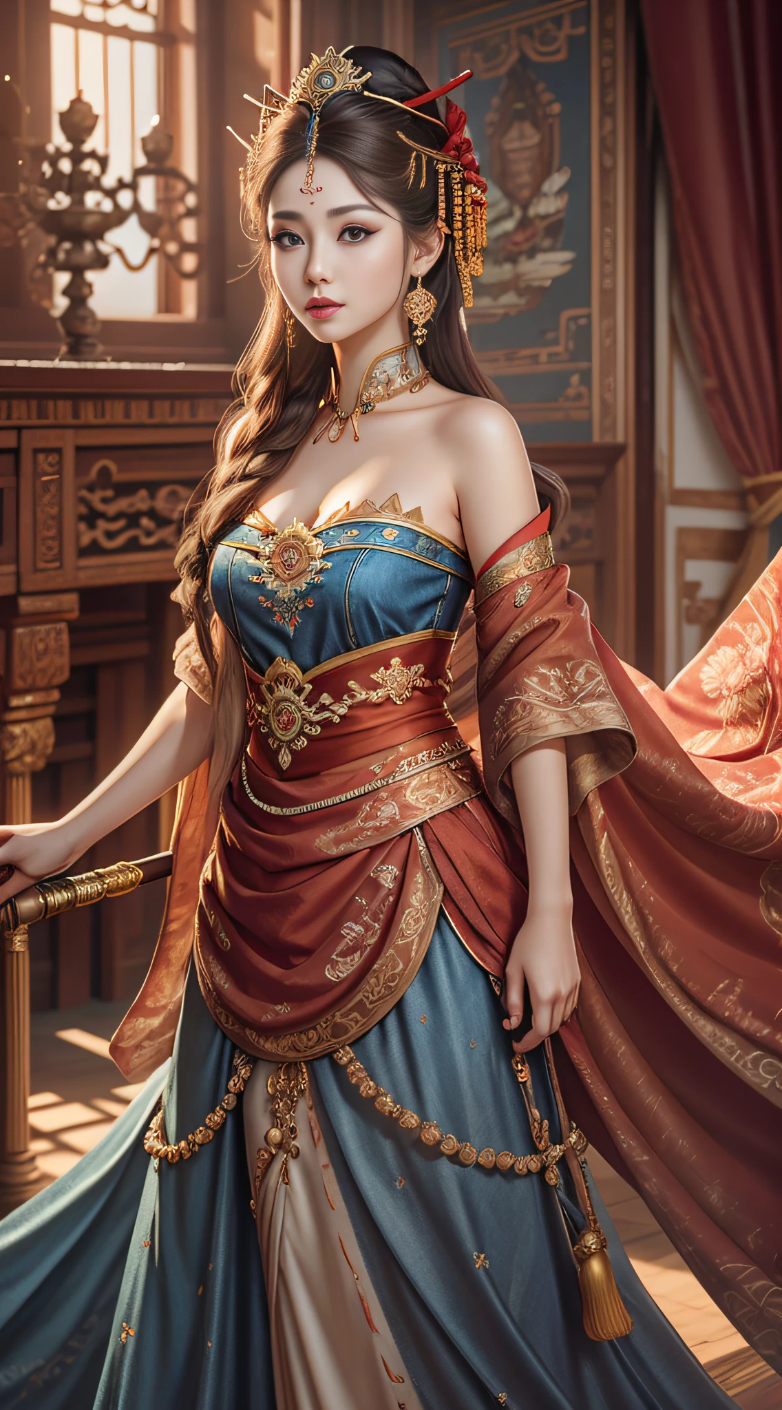 Best quality, masterpiece, ultra-detailed high resolution, (realistic: 1.4), original photos, illustrations,
1 Girl standing with a weapon, full body photo (solo: 1.2), (denim lens: 1.2), (hair crown: 1.2), Chinese Dunhuang traditional costume, strapless, (red eyeliner: 1.2), (: 1.4), earrings, dynamic angle, opera house, messy_long_hair, ink, movie lighting, lens_flare, velvet, chrysanthemum, tassel, ribbon, color embroidery,