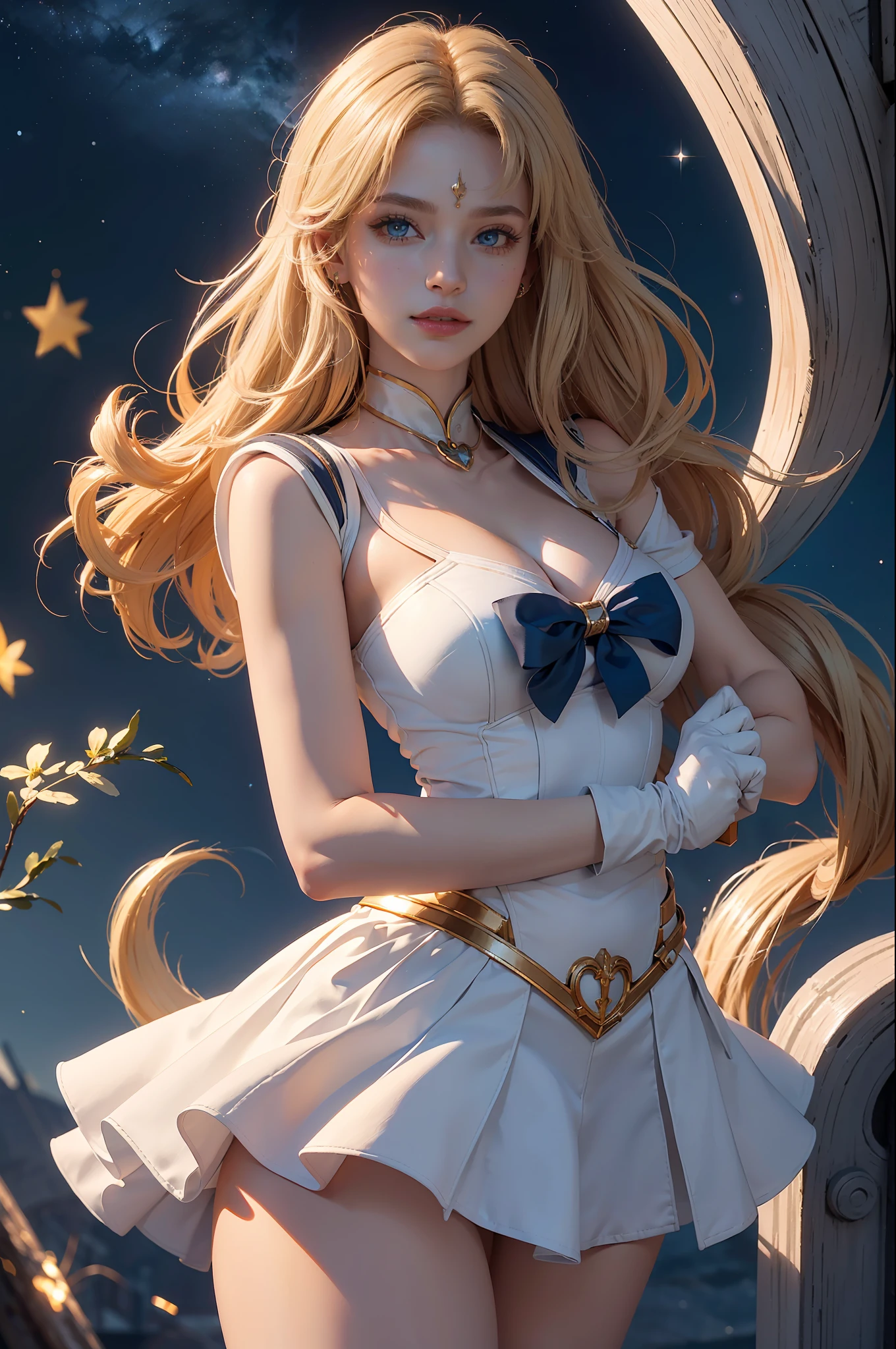 (CG Unity 8K wallpaper with extreme detail, masterpiece, highest quality), (exquisite lighting and shadow, highly dramatic picture, cinematic lens effect), (Sailor Moon: 1.1), charming smile, double tail, vibrant blue eyes, looking at the viewer with blond hair, white tight-fitting top, white gloves, mini skirt, dynamic pose), the background is the universe (excellent detail, excellent lighting, wide angle), (excellent rendering, enough to stand out in its class),