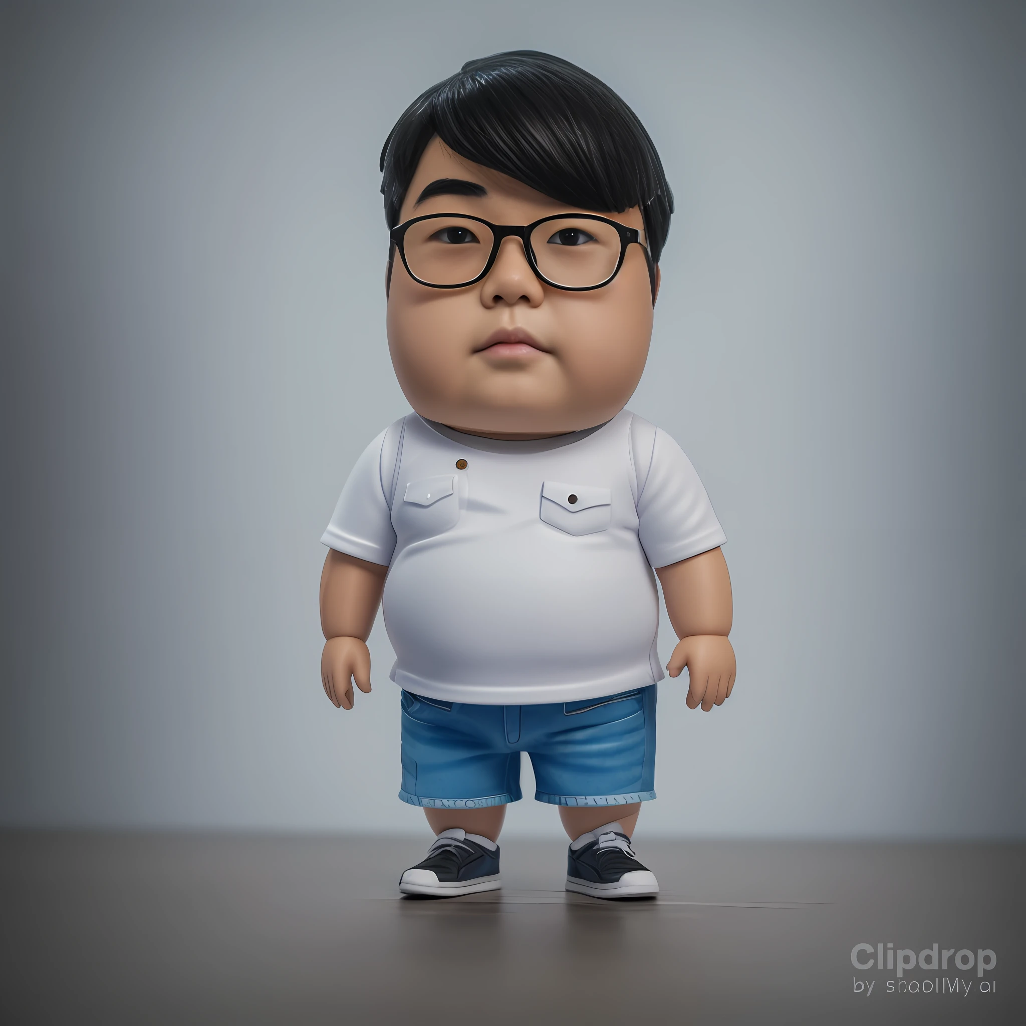 photographic portrait full body 3d render of young chubby chinese man in akihabara japan, white tank top, denium blue shorts, small glasses, dark short hair, chubby face, as a full body funko pop!, sigma 85mm f/1.4, 15mm, 35mm, 4k, high resolution, 4k, 8k, hd, full color