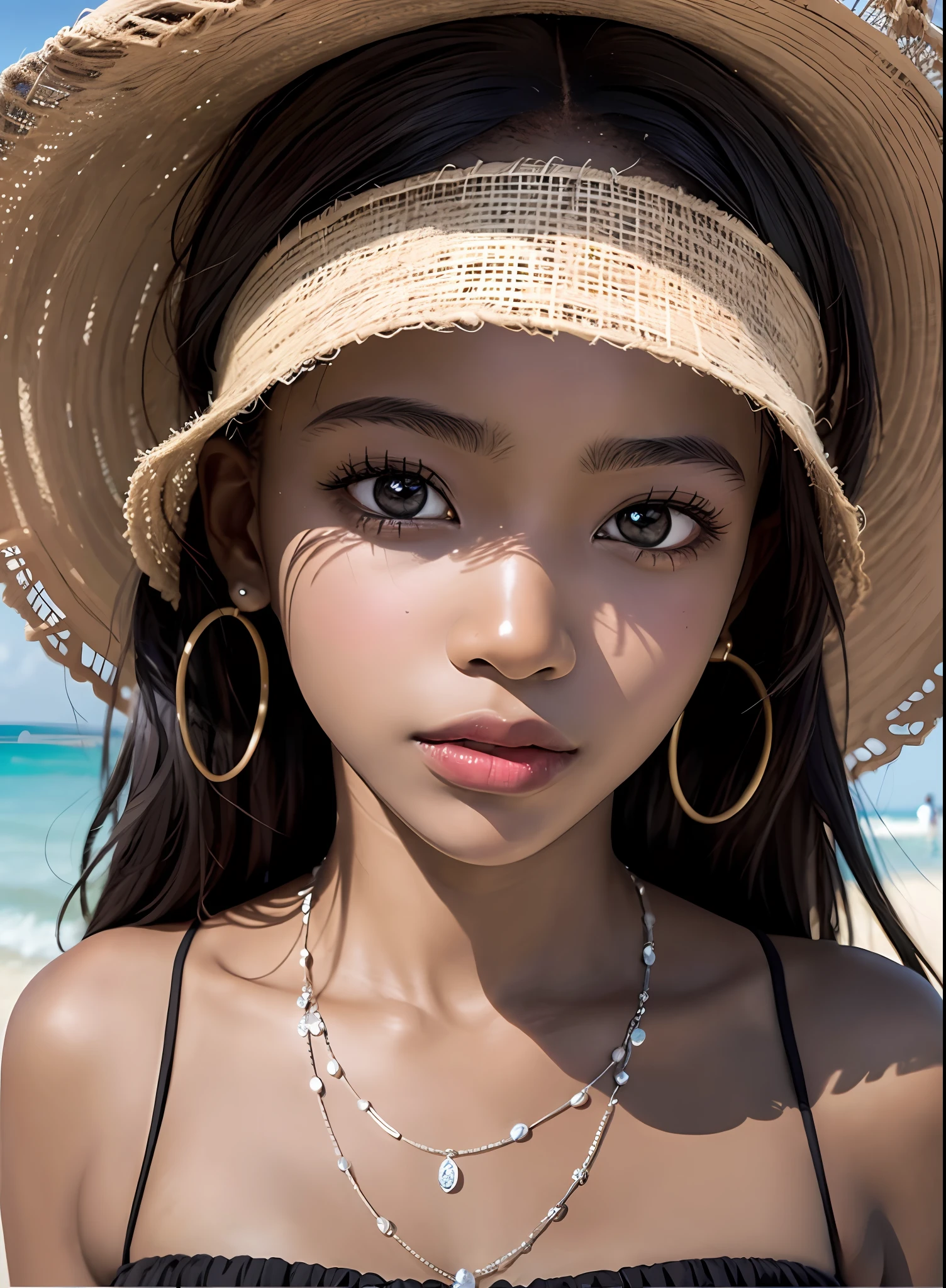 Photorealistic Beautiful black girl,African girl,Thin,Dark skin,Wearing a dress,on the beach,Strong gaze,Close-up portrait surrealism