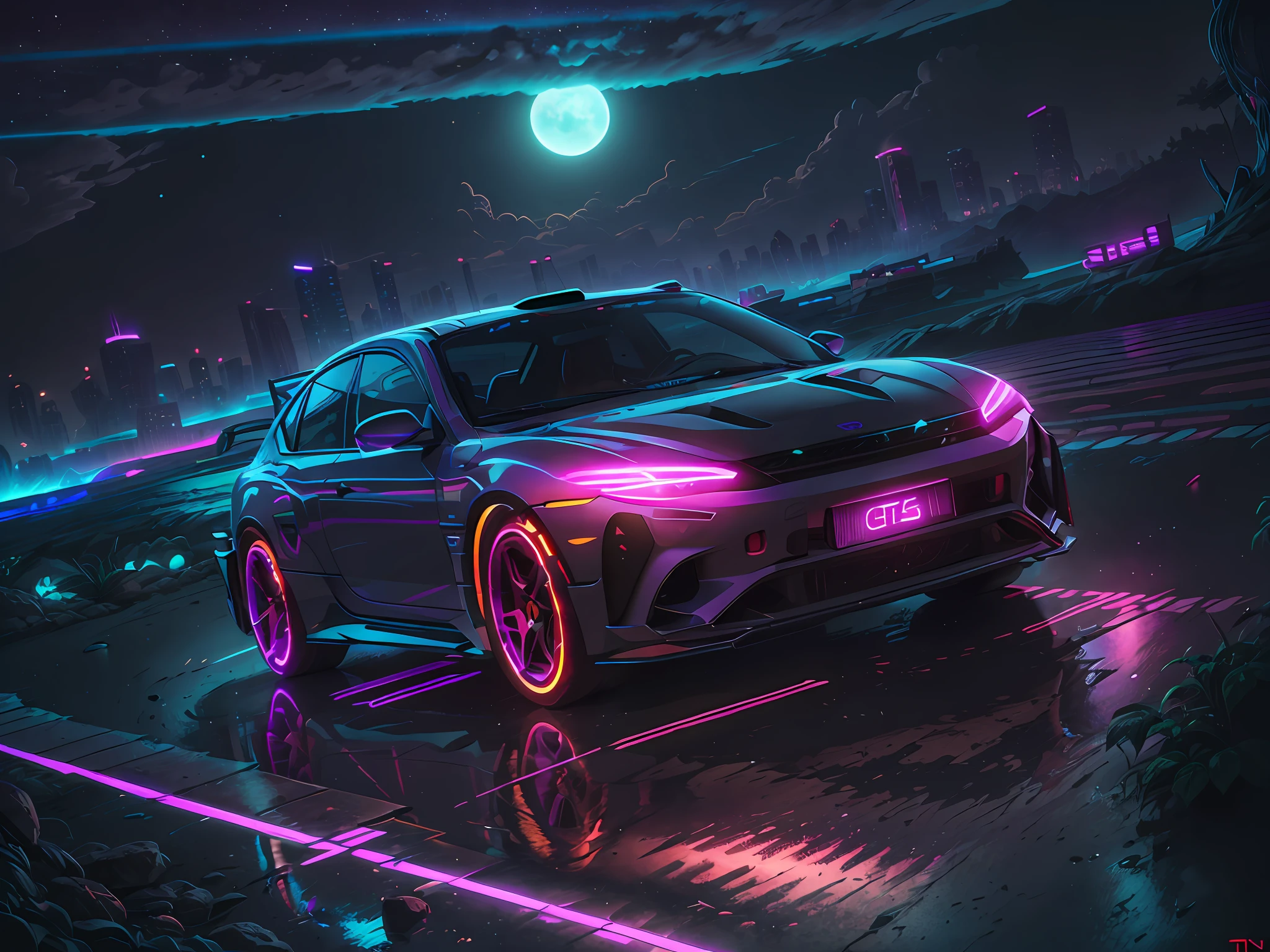 retrowave。城市, wide body kit, pathway, PURPLE NEON MONITOR LIGHT, suns, mont,
(tmasterpiece,A detailed,A high resolution),
