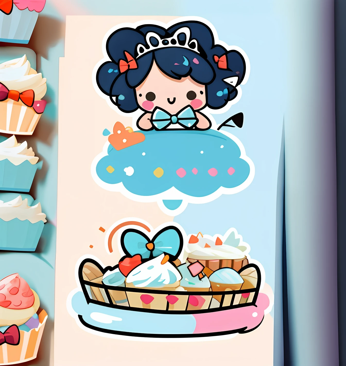 a sticker, stickfigure,Cute bow tie,cute hairpin,Cute bow,Cute tiara, Cupcakes,light blues,solid color backdrop, Character focus low saturation