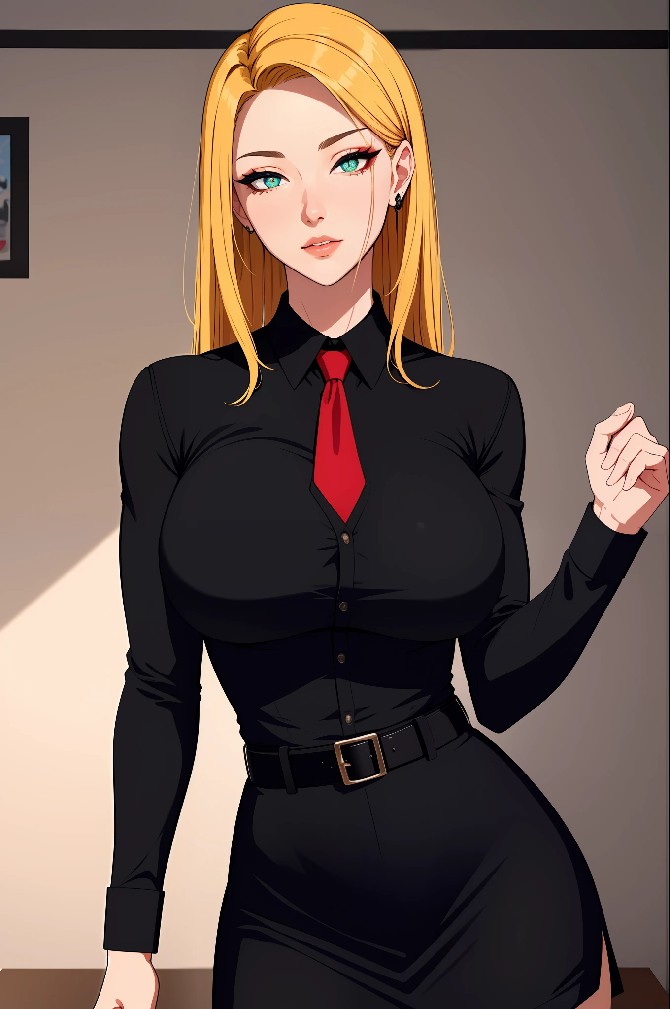 (masterpiece, highres, best quality:1.2), 8K, highly detailed, intricate, colorful, vibrant image, sharp focus, cinematic) blonde hair, long hair, green eyes, body builder (Wearing black business outfit, black_collared shirt cropped jacket ,tie,necktie,black frilled skirt, garter straps, leather waist belt) (big perfect round breasts,hourglass body, thin waist,very thin waist, Photo realistic,(hyperrealistic:1)beautiful, masterpiece, best quality, extremely detailed face,perfect face,beautiful face, perfect lighting,detailed eye makeup, detail face, nice detailed eyes,nice hands, perfect hands,glowing eyes (realistic pupils,realistic iris:1) heavy eye makeup,(empty Casino)(Posing dynamically)