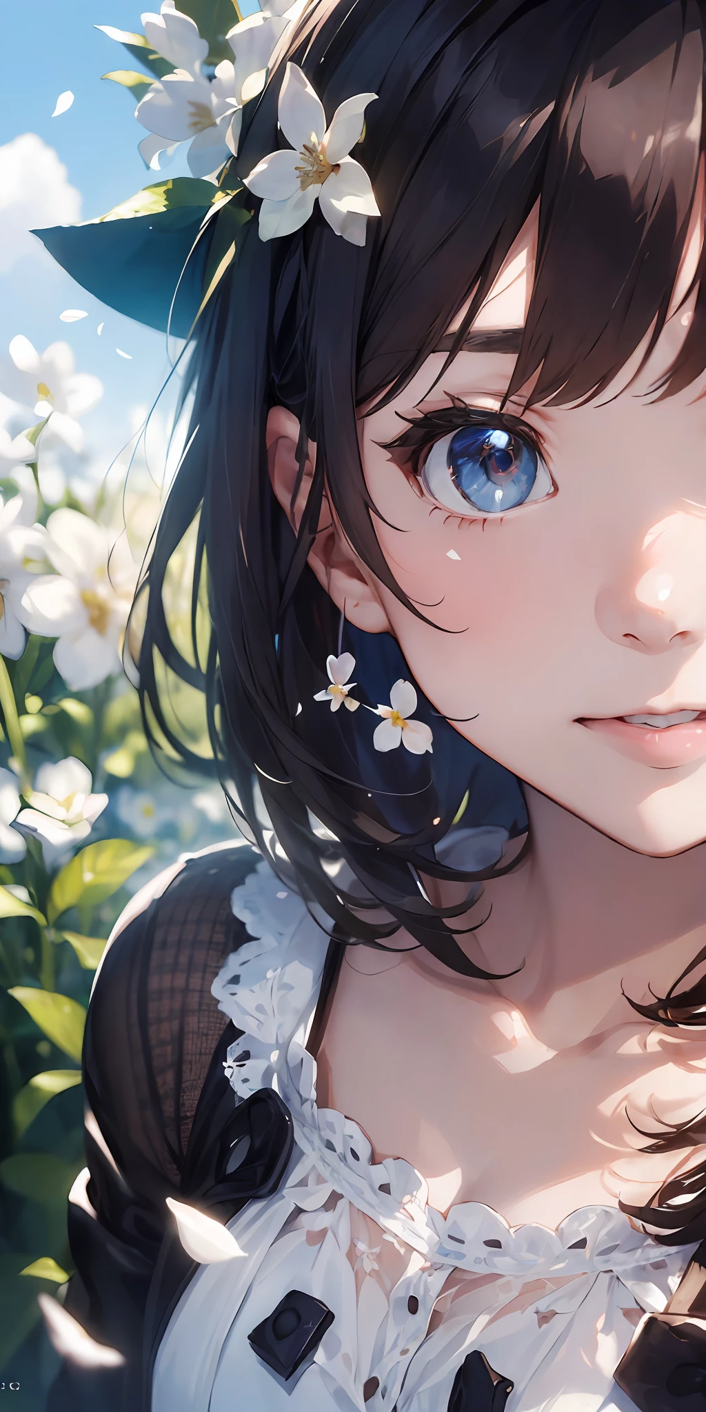 (masterpiece, best quality:1.6), white lace dress, cowboy shot, thighs, beautiful girl, (flowers, many small white petals:1.3), garden, blue sky, looking at viewer, small waist, official art, raw photo, incredibly absurdres, facelight, dynamic lighting, cinematic lighting, ultra realistic, highres, photography, sharp focus, highest detailed, extreme detailed, ultra detailed, finely detail, extremely detailed eyes and face