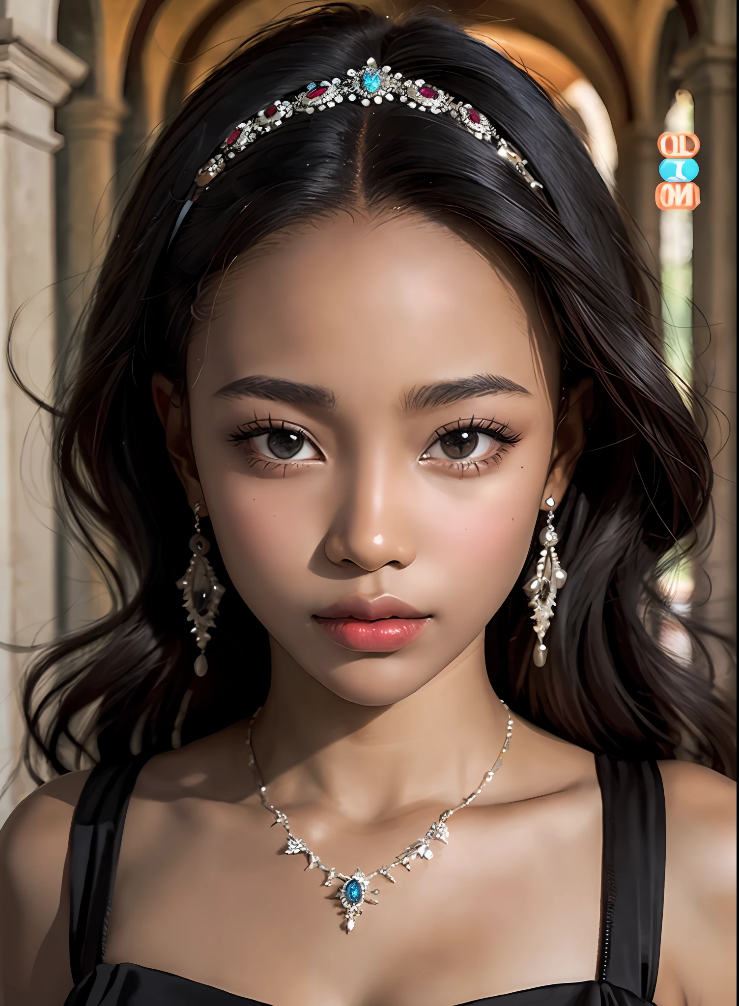Photorealistic Beautiful black girl,African girl,Thin,Dark skin,Wear formal evening dresses,Walk in the Old Cloister,Strong gaze,Close-up portrait surrealism