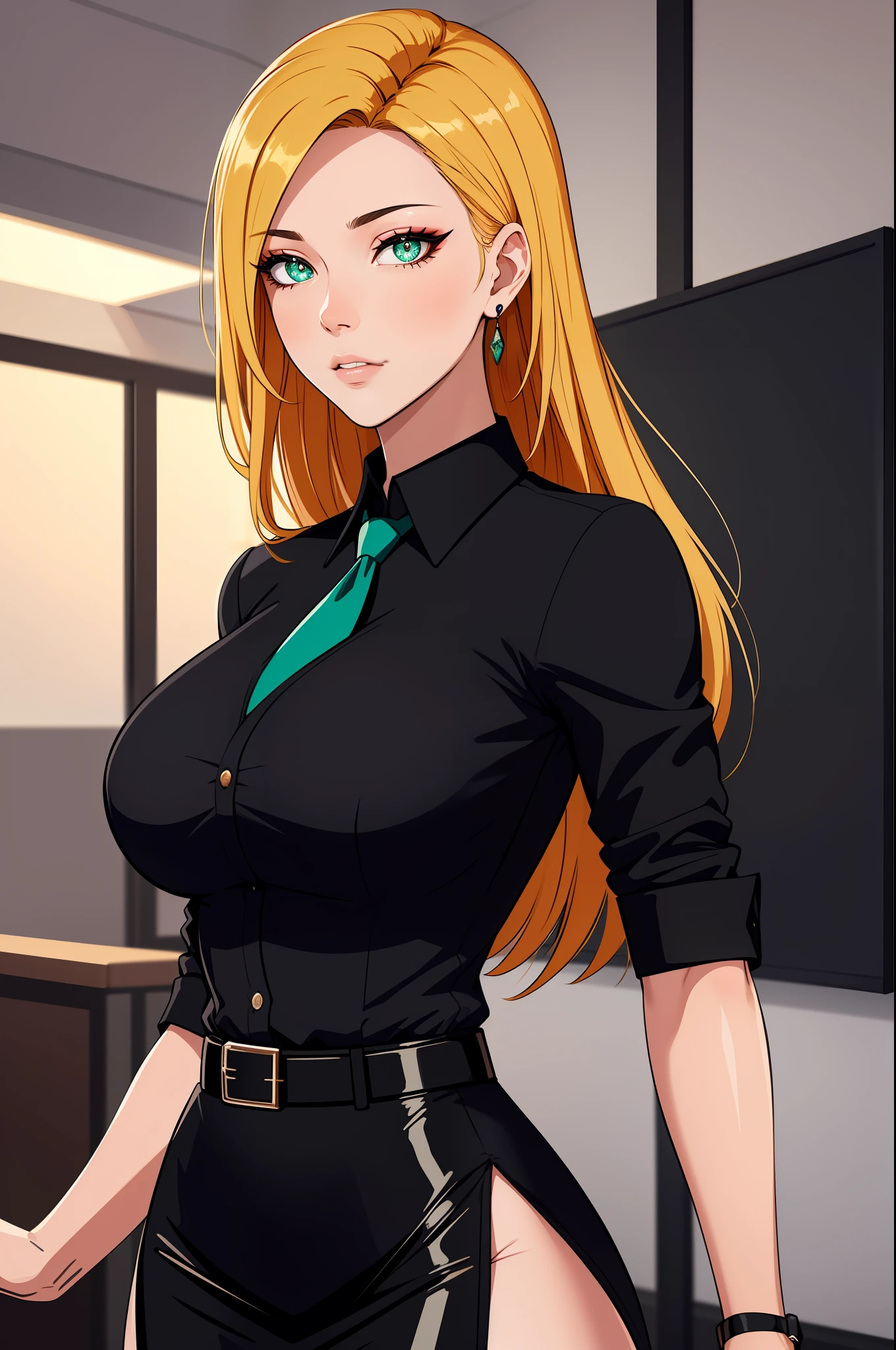 (masterpiece, highres, best quality:1.2), 8K, highly detailed, intricate, colorful, vibrant image, sharp focus, cinematic)  blonde hair, long hair, green eyes, body builder (Wearing black business outfit, black_collared shirt cropped jacket ,tie,necktie,black frilled skirt, garter straps, leather waist belt) (big perfect round breasts,hourglass body, thin waist,very thin waist, Photo realistic,(hyperrealistic:1)beautiful, masterpiece, best quality, extremely detailed face,perfect face,beautiful face, perfect lighting,detailed eye makeup, detail face, nice detailed eyes,nice hands, perfect hands,glowing eyes (realistic pupils,realistic iris:1) heavy eye makeup,(empty Casino)(Posing dynamically)