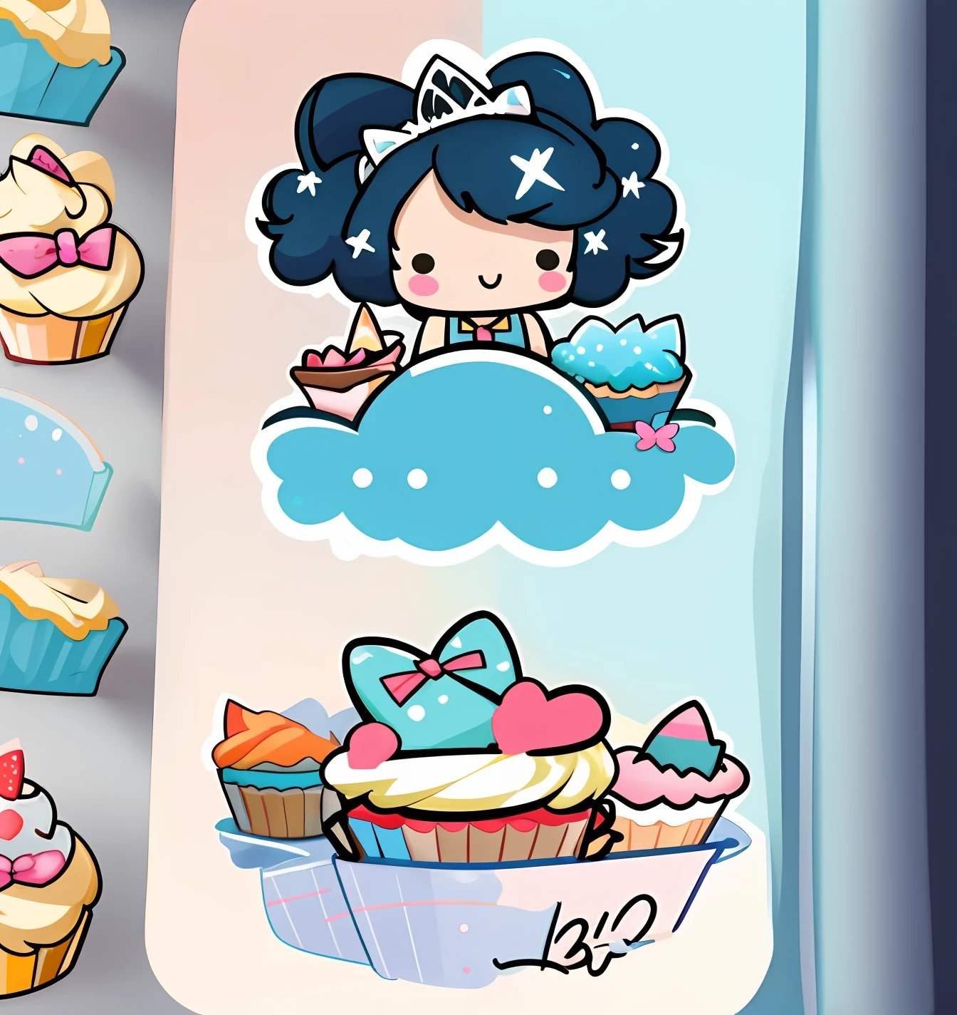 a sticker, stickfigure,Cute bow tie,cute hairpin,Cute bow,Cute tiara, Cupcakes,light blues,solid color backdrop, Character focus low saturation