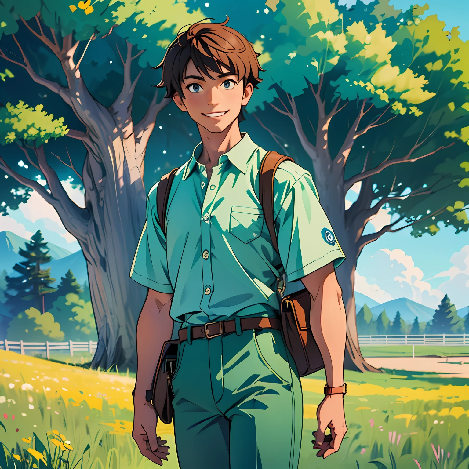 (masterpiece, best quality:1.2), cowboy shot, solo, male focus, 1boy, blue oak, smile, looking at viewer, hand in pocket, collared shirt, short sleeves, green pants, shoulder bag --auto