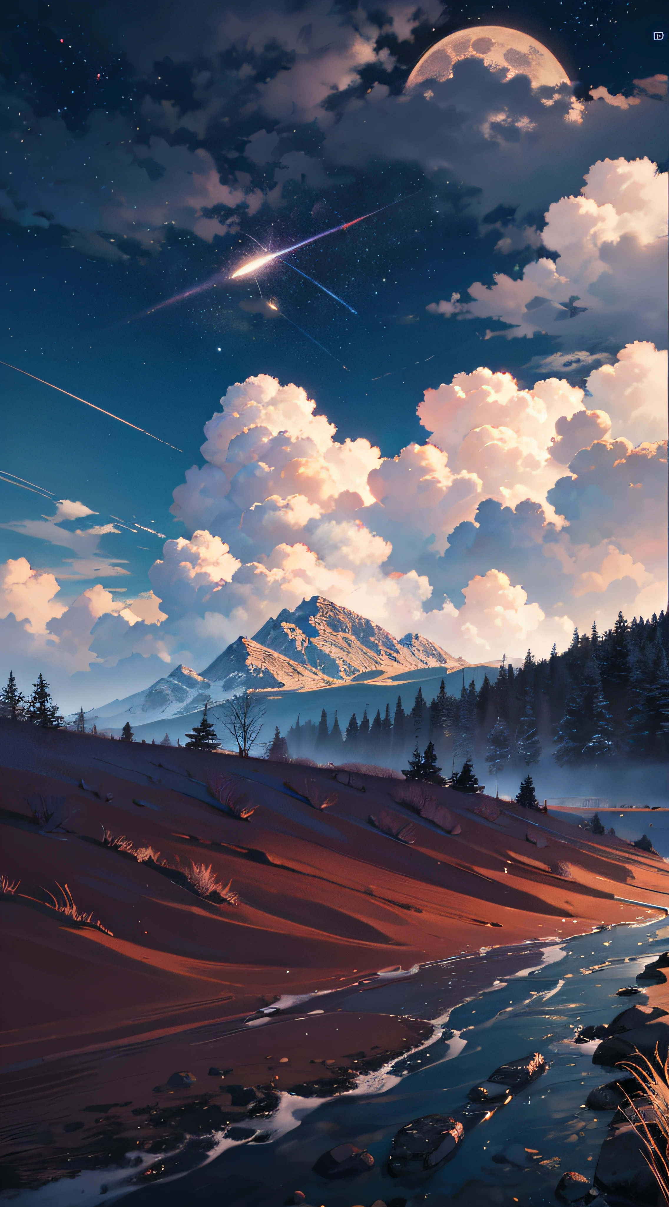 Expansive landscape photograph,(look from down,Above is the sky,Below are open fields),(moon full:1.2),(meteors:0.9),(Starcloud:1.3),Far Mountain, Tree BREAK making art,(Warm light source:1.2),(glowworm:1.2),lamp lights,Lots of purple and orange,Complicated details,Volumetriclighting,Realism BREAK(tmasterpiece:1.2),(best qualtiy),4K,Ultra-detailed,(dynamic compositions:1.4),The is very detailed,Colorful details,(Irridescent color:1.2),(luminouslighting,Atmospheric lighting),dream magical,magical,(独奏:1.2),((best qualtiy)), ((tmasterpiece)), (the detail:1.4),depth of fields,maximum definition and sharpness,perfectly proportions,
