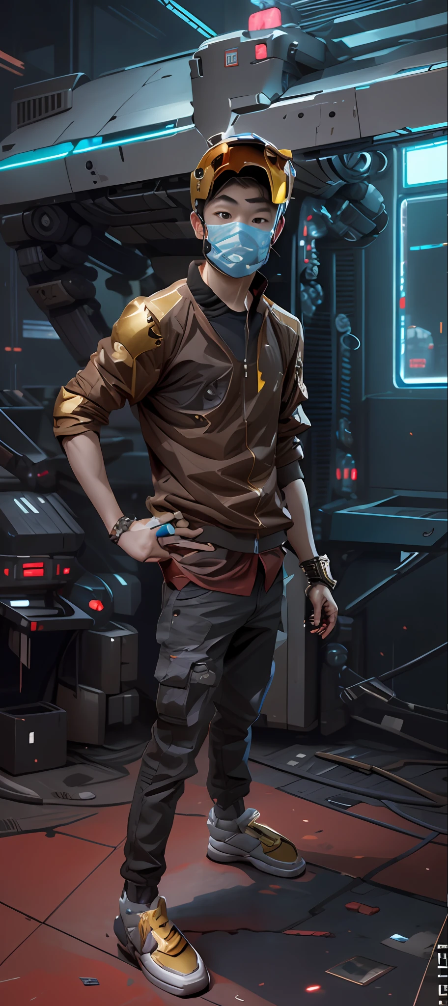 Boutique,best quality,Gold jewelry,(slip out feet),Fairy skin,(Fidelity :1.2),Standing,Super Detailed,realistic,High quality,Movie Light,Ray tracking,Ultra HD,Upper body
Boy in shorts and jacket standing next to giant robot, Guweiz style artwork, CyberPunk mech, Trends on CGSTATION, Guweiz, Russell Dongjun Lu, digital cyberpunk anime art, Ross Tran 8 K, Guweiz on ArtStation Pixiv, Boy in mecha network armor Clear face Face helmet mask Clear eyes Stylish Hair