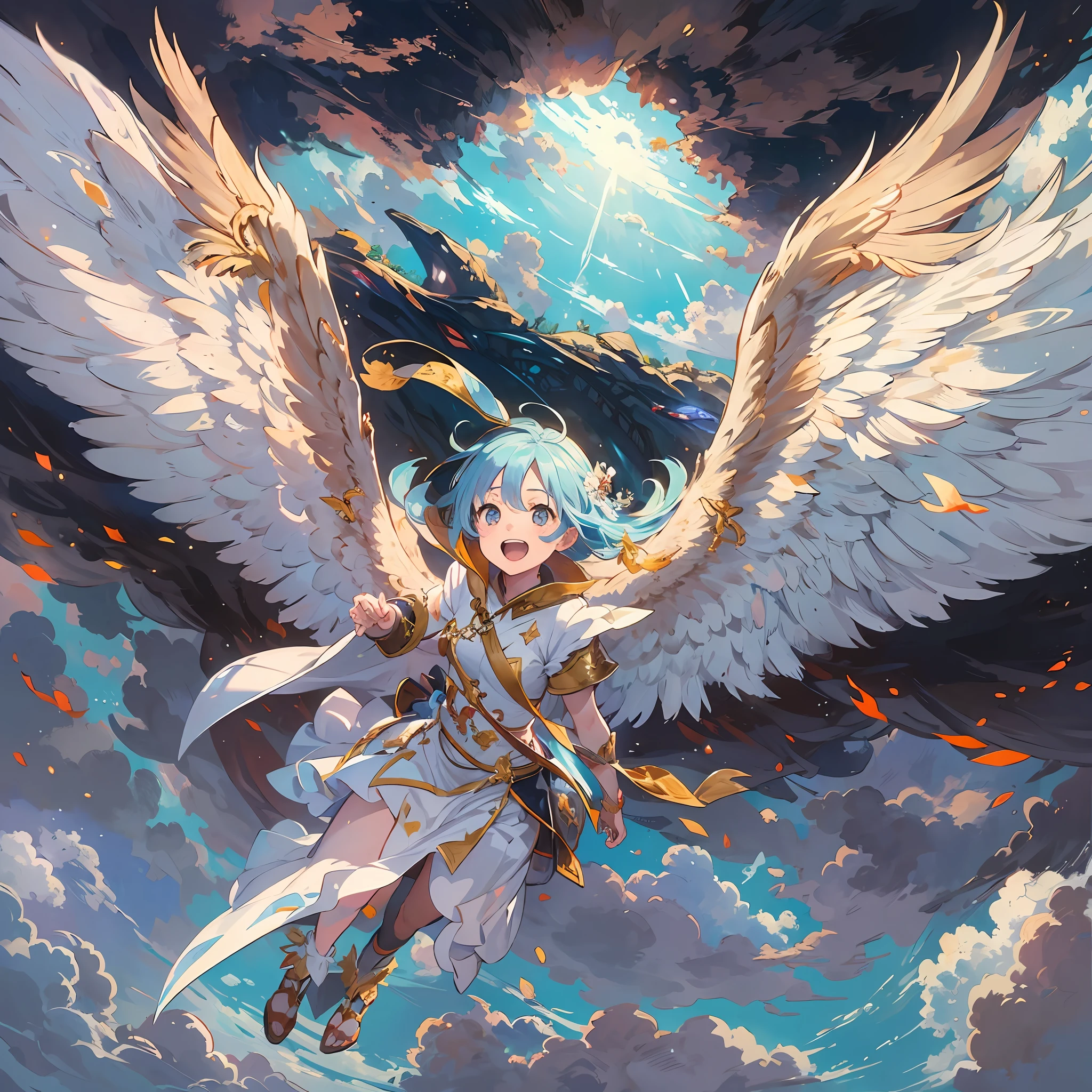​masterpiece, top-quality, Boy flying in the sky with giant eagle wings on his back、full body Esbian、Huge laughter、Eyes wide open、A detailed face、Fantasia、in isekai、