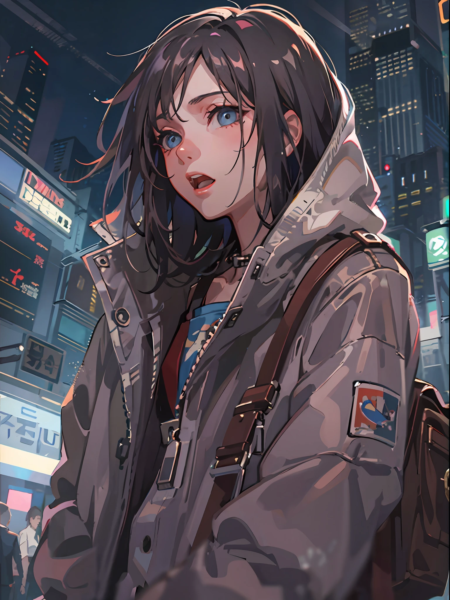 1girl in, jaket, Sateen, plein air, parka, Open jacket, chain, rucksack, Look at another one, hair messy, Trending on ArtStation, 8K分辨率, Highly detailed and anatomically correct, Sharp Images, digitial painting, concept-art, trending on pixiv, style of makoto shinkai,Vivid eyes、shortpants