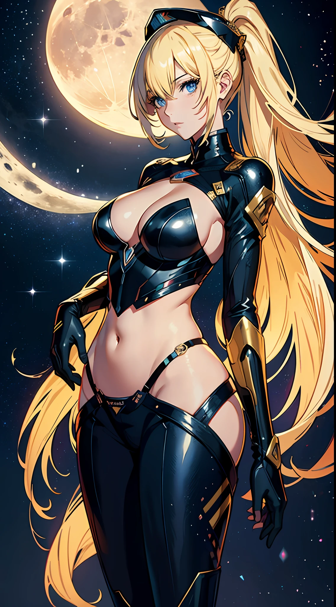Galaxy Expres999,One lady,Beautiful moon,Woman staring at the moon,extremely beautiful lady,The upper part of the body,a blond,8KCG