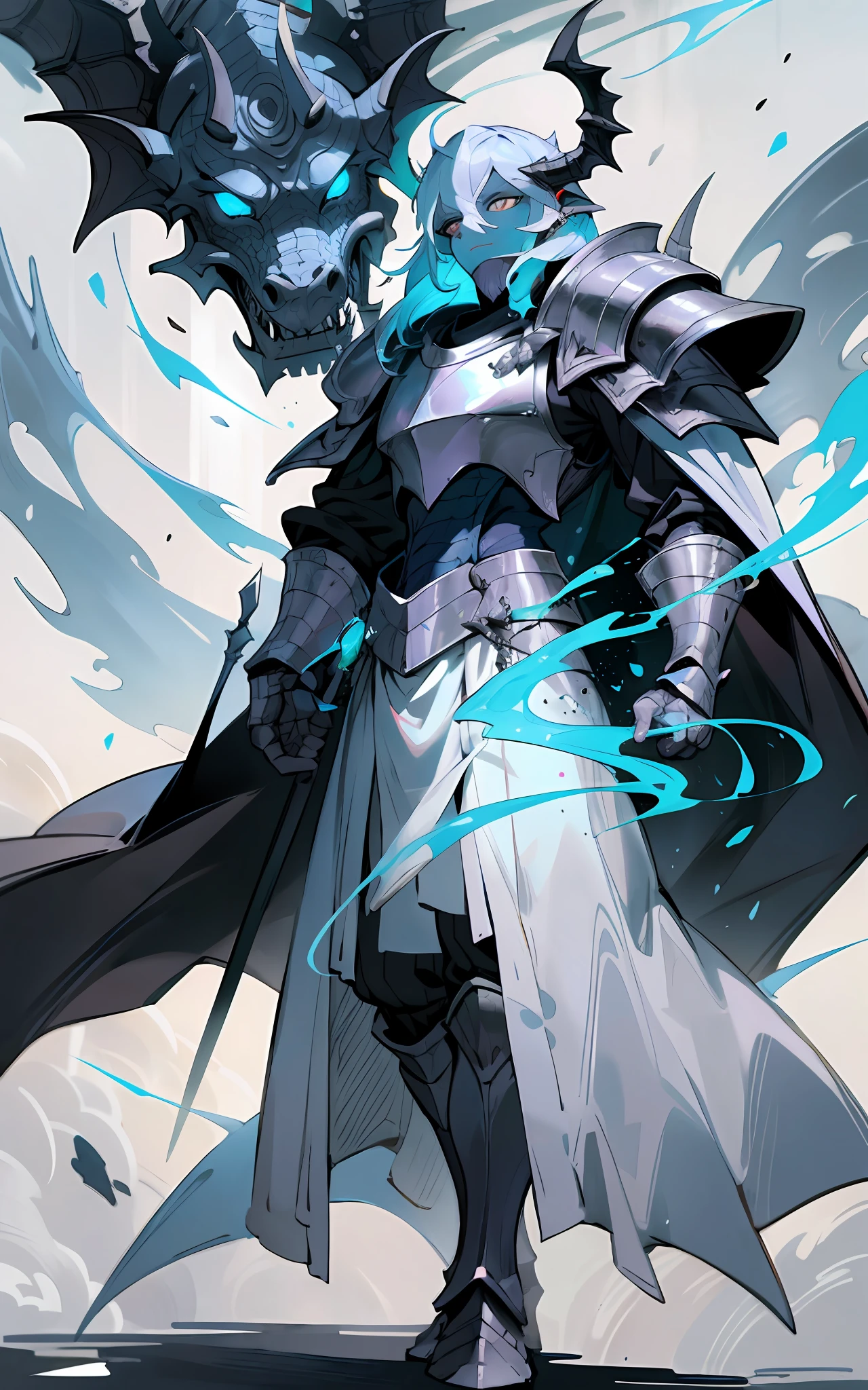 "(((Dragonborn))), donned in gleaming white scale armor, draped in a flowing black cloak, a commanding paladin equipped with the resplendent head of a majestic white dragon, striking a poised and mighty pose in a captivating full body shot."