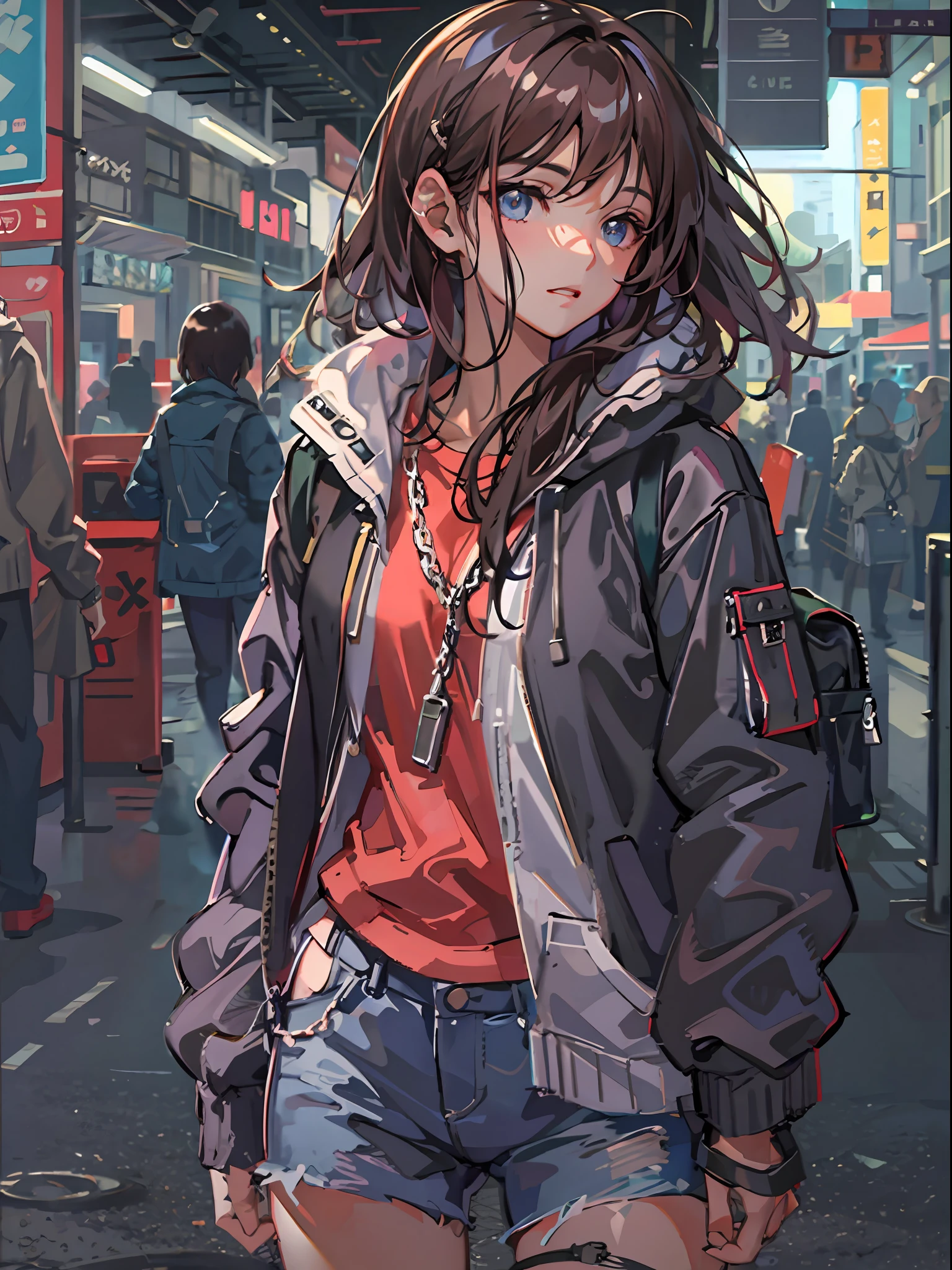 1girl in, jaket, Sateen, plein air, parka, Open jacket, chain, rucksack, Look at another one, hair messy, Trending on ArtStation, 8K分辨率, Highly detailed and anatomically correct, Sharp Images, digitial painting, concept-art, trending on pixiv, style of makoto shinkai,Vivid eyes、shortpants