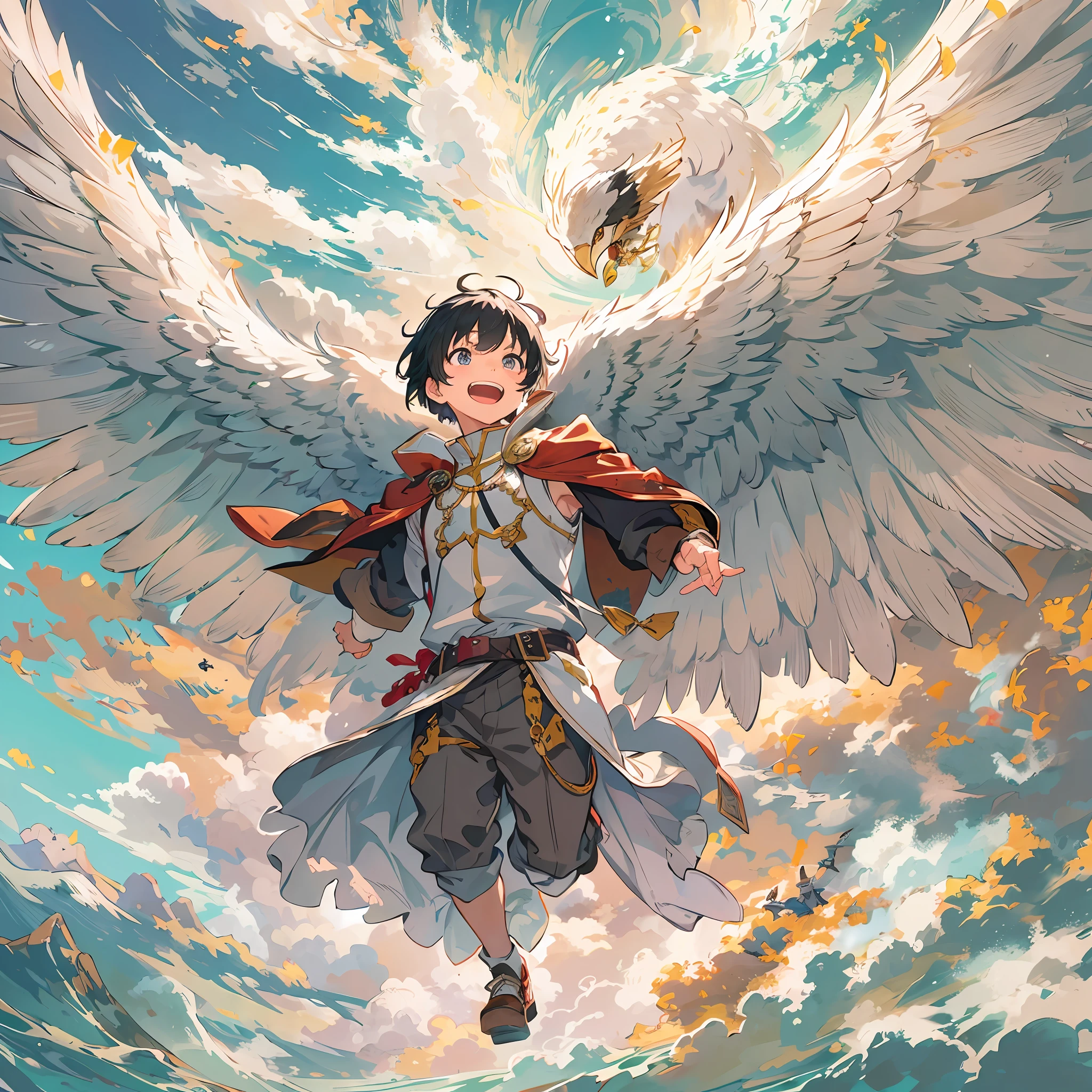 ​masterpiece, top-quality, Boy flying in the sky with giant eagle wings on his back、full body Esbian、Huge laughter、Eyes wide open、A detailed face、Fantasia、in isekai、