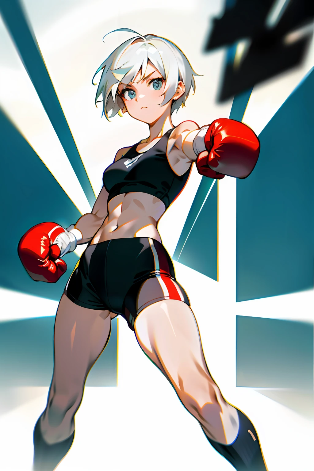 1womanl、boxing、Raise your fist、short-haired、White hair、Sportsbra、spats、Highly exposed、frontage、