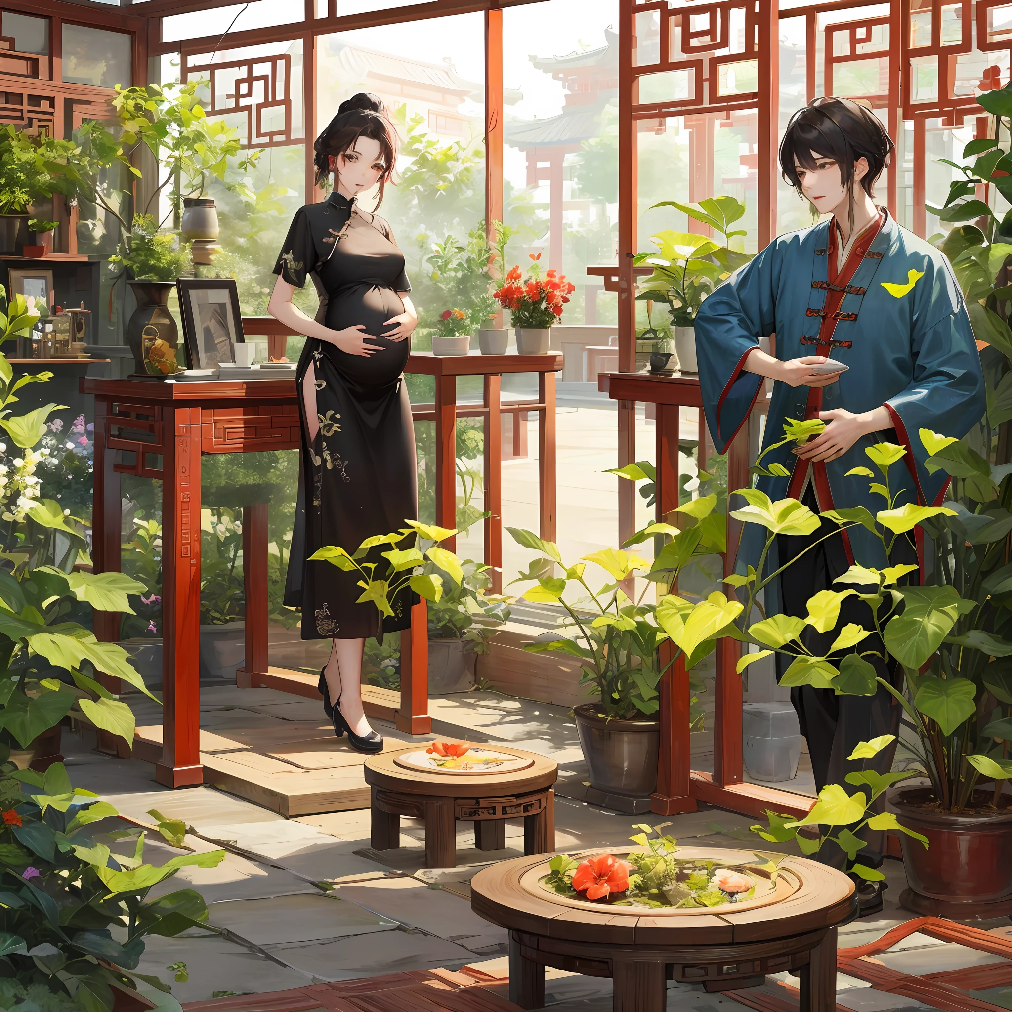 Masterpiece, Best quality,Beautiful man talking to pregnant wife Chinese home garden expression is reserved, Ancient China