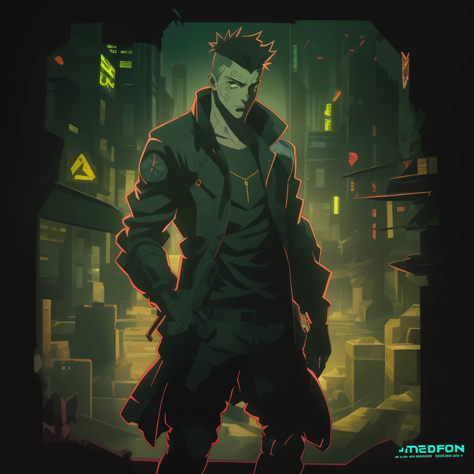 Crie a arte de um personagem humano jovem masculino, estatura mediana e porte normal, vestindo camiseta, jaqueta de trincheira longo da cor preta, estilo detetive noir, inspirado no jogo Shadowrun, cyberpunk noir fantasy