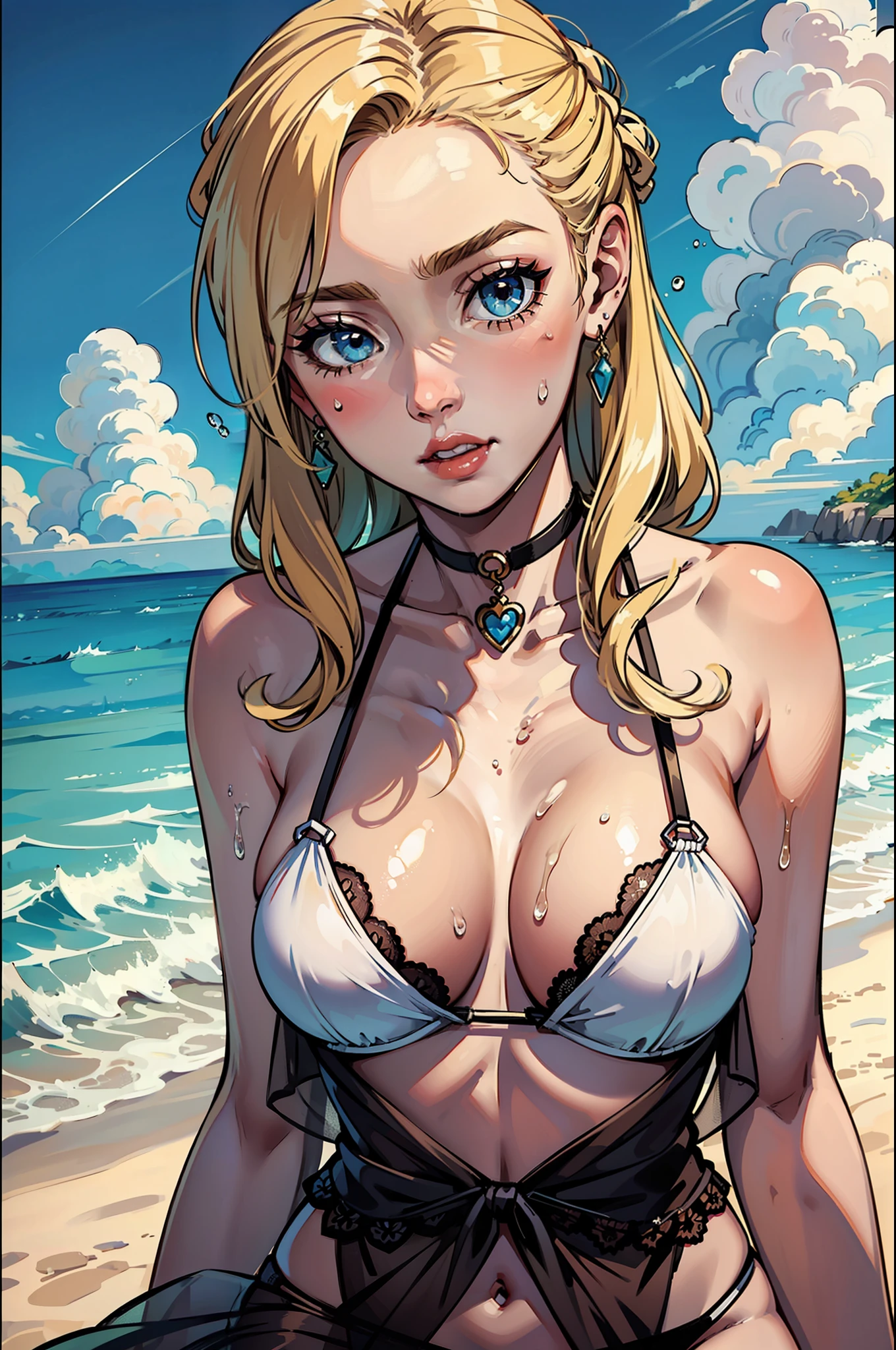 There are sexy bikini blonde beauties on the beach,She wears a beautiful painting on her head,Attractive lingerie panties Lolita type,There are a little drops of water on the body,Put beautiful jewelry around your neck!