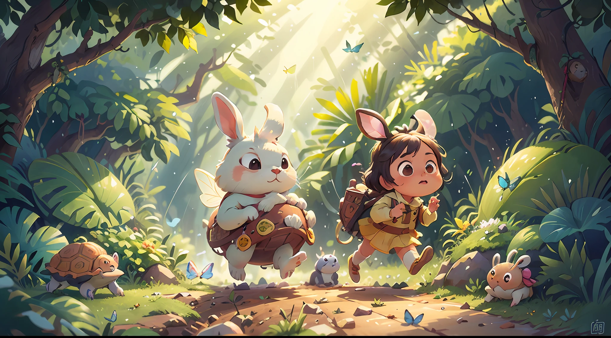 A little white rabbit chases a turtle，Winding dirt roads，butterflies flying，Birds fly，In the jungle after rain，The sun shone in intermittently，（tmasterpiece），Extremely detailed picture details，ultra HD picture quality，（8k wallpaper），（CG），(Fairy tale style), Inspired by:Chinese Children's Stories《Tortoise and rabbit race》