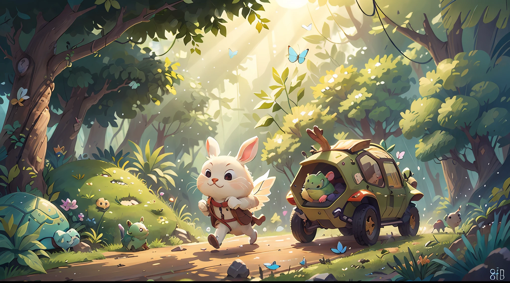 A little white rabbit chases a turtle，Winding dirt roads，butterflies flying，Birds fly，In the jungle after rain，The sun shone in intermittently，（tmasterpiece），Extremely detailed picture details，ultra HD picture quality，（8k wallpaper），（CG），(Fairy tale style), Inspired by:Chinese Children's Stories《Tortoise and rabbit race》