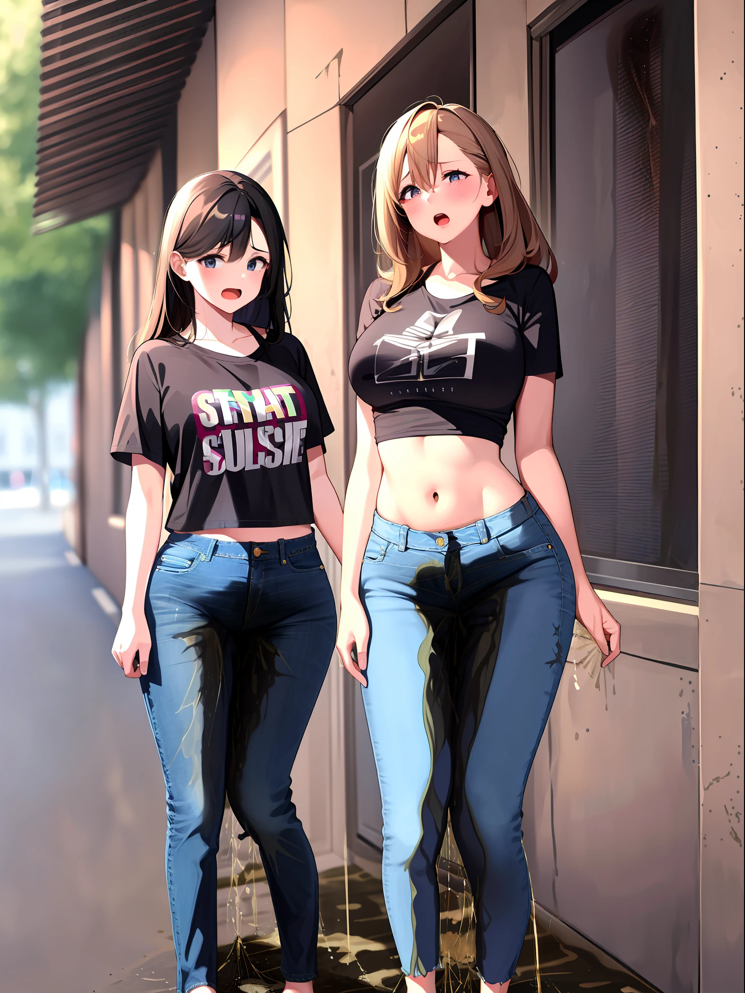 masterpiece, best quality, high resolution, 3girls, (((jeans pants))), ((full body)), crop top, naval, midriff, blush, worried, open mouth, outside, ((((((big pee stain))))))