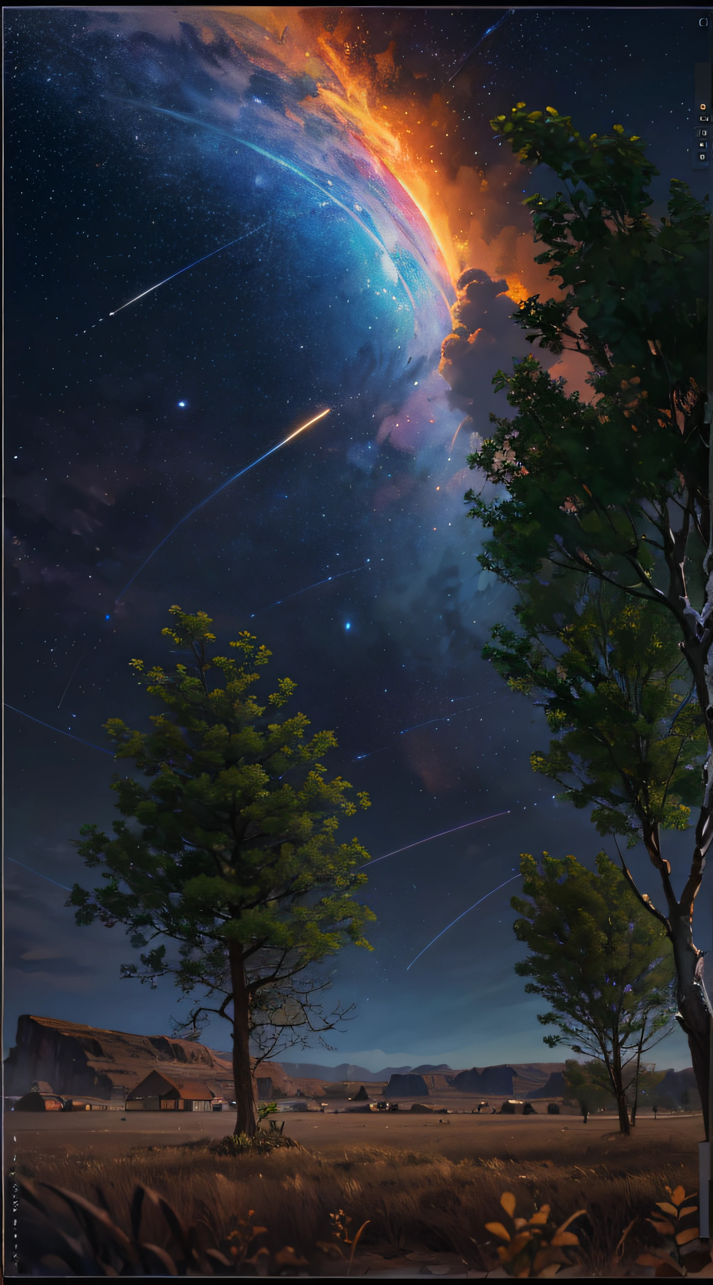 Expansive landscape photograph,(look from down,Above is the sky,Below are open fields),(moon full:1.2),(meteors:0.9),(Starcloud:1.3),Far Mountain, Tree BREAK making art,(Warm light source:1.2),(glowworm:1.2),lamp lights,Lots of purple and orange,Complicated details,Volumetriclighting,Realism BREAK(tmasterpiece:1.2),(best qualtiy),4K,Ultra-detailed,(dynamic compositions:1.4),The is very detailed,Colorful details,(Irridescent color:1.2),(luminouslighting,Atmospheric lighting),dream magical,magical,(独奏:1.2),((best qualtiy)), ((tmasterpiece)), (the detail:1.4),depth of fields,maximum definition and sharpness,perfectly proportions,
