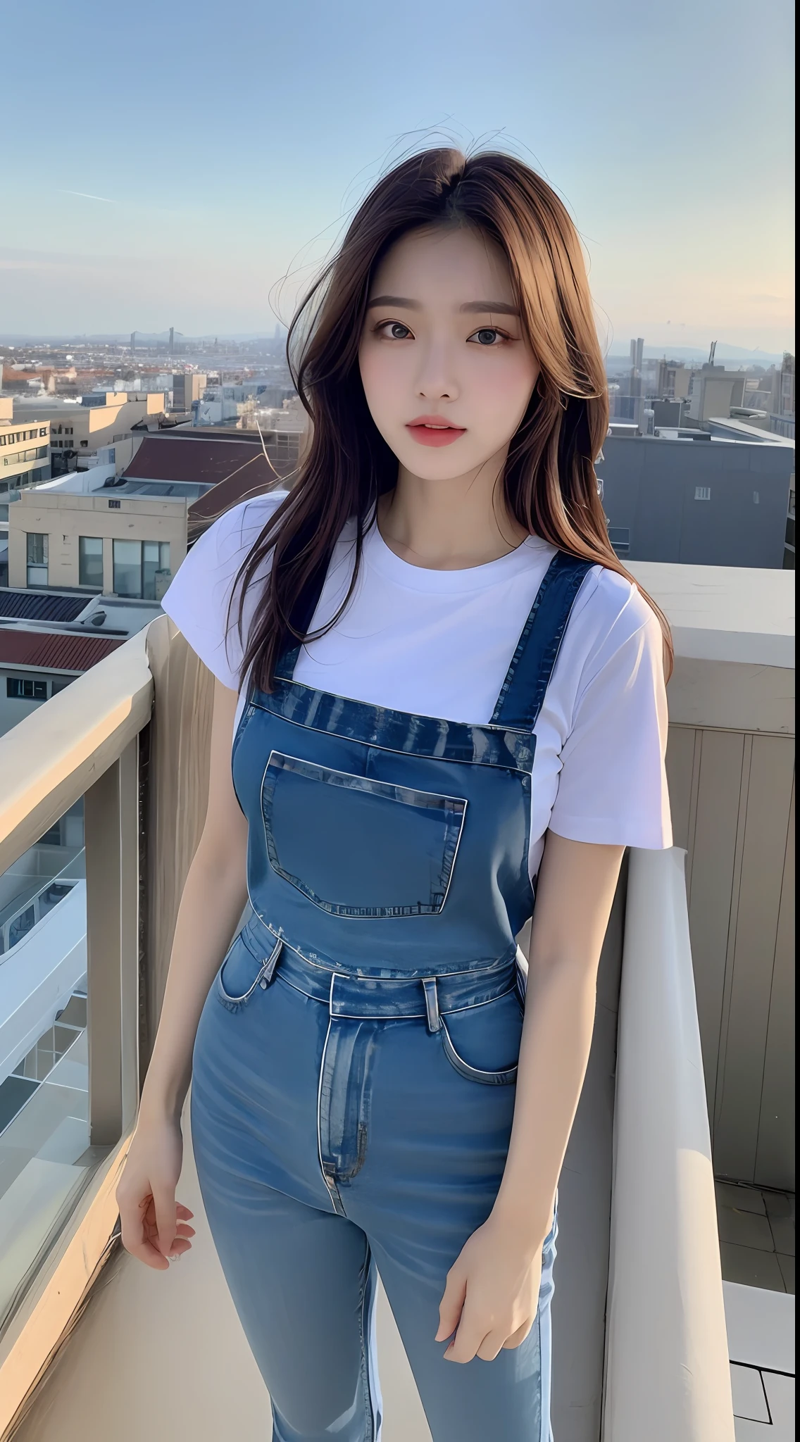 ((Midnight, Best quality, 8k, Masterpiece :1.3)), Whole body, Long legs, Sharp focus :1.2, A pretty woman with perfect figure :1.4, Slender abs :1.1, ((Dark brown hair, Big breasts :1.2)), (White tight tshirt, Jean bib, Standing:1.2), ((Night city view, Rooftop:1.3)), Highly detailed face and skin texture, Detailed eyes, Double eyelid