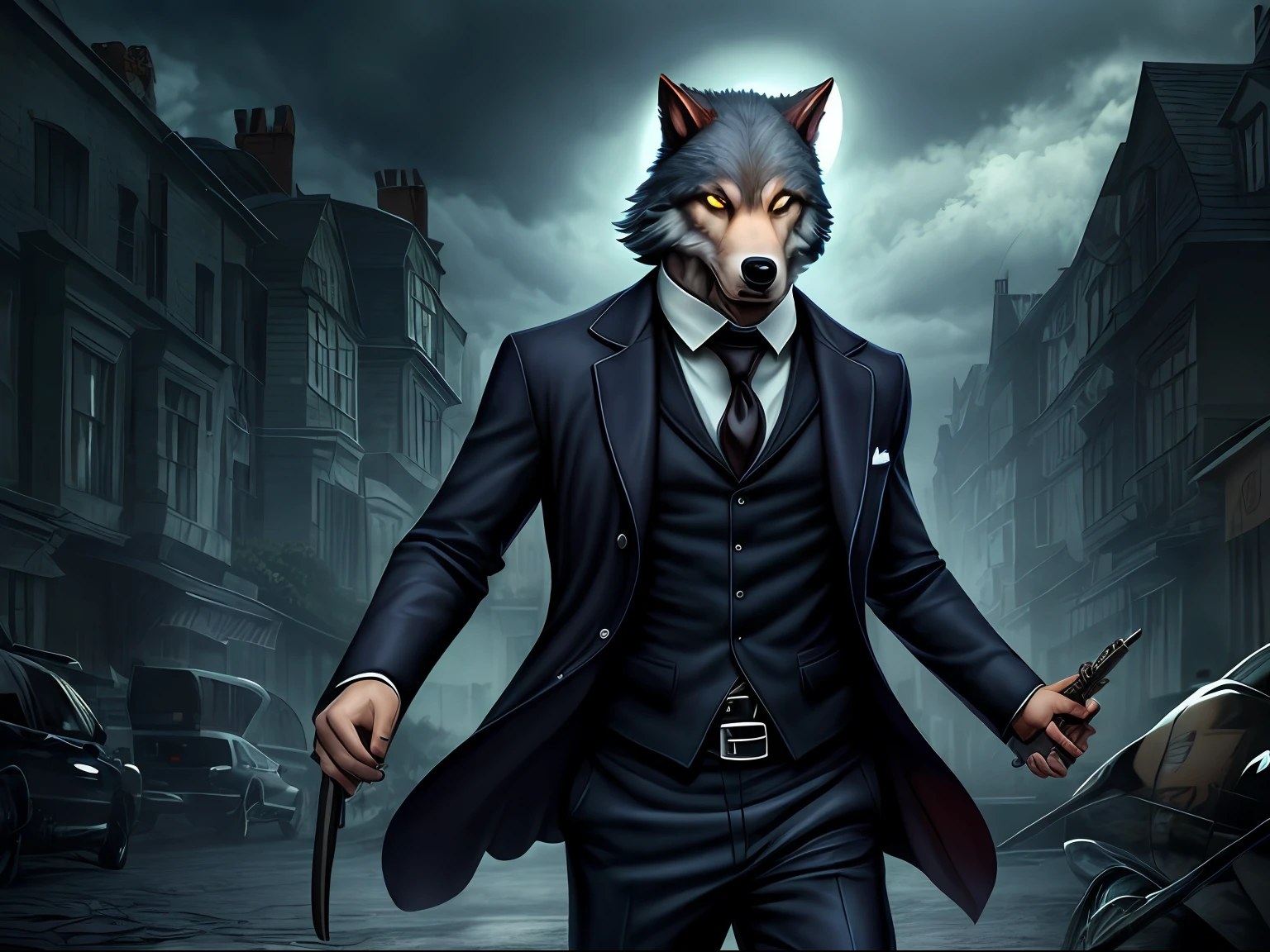Create a hyper-ralist digital artwork that depicts a werewolf in a Sherlock Holmes-style suit with the body and style characteristic of the famous detective --auto