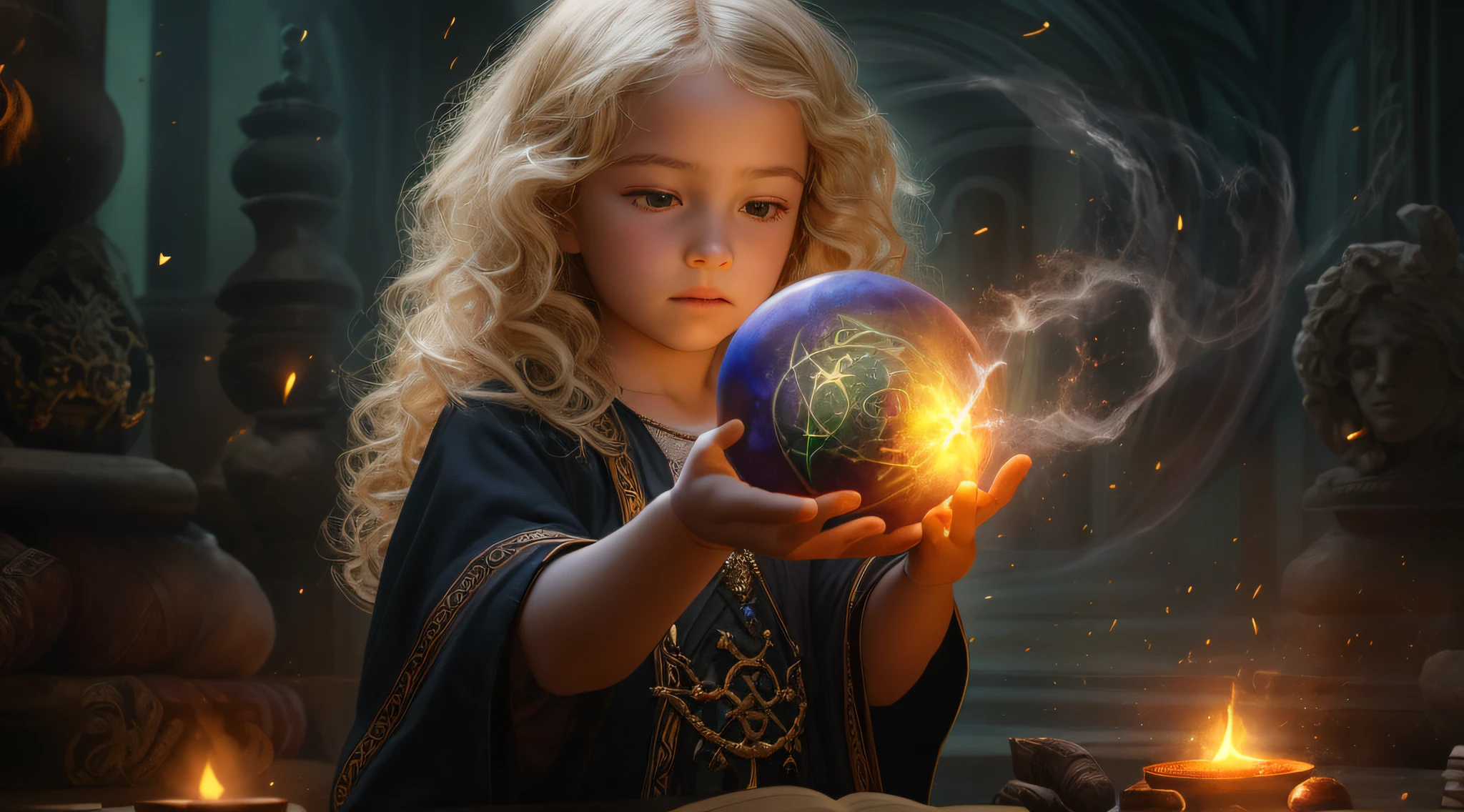 REALISTIC PHOTO, GIRL CHILD 10 YEARS OLD, BLONDE BIG HAIR, holding a green ball in his hands, spell casting mage, he is casting an illumination spell, an arcane mage casting a spell, casting a powerful spell, with powers of black magic, casting spells, casting a protection spell, wiccan, magic, magic magic, sacred flame spell,  black magic spells, with black. Magical powers