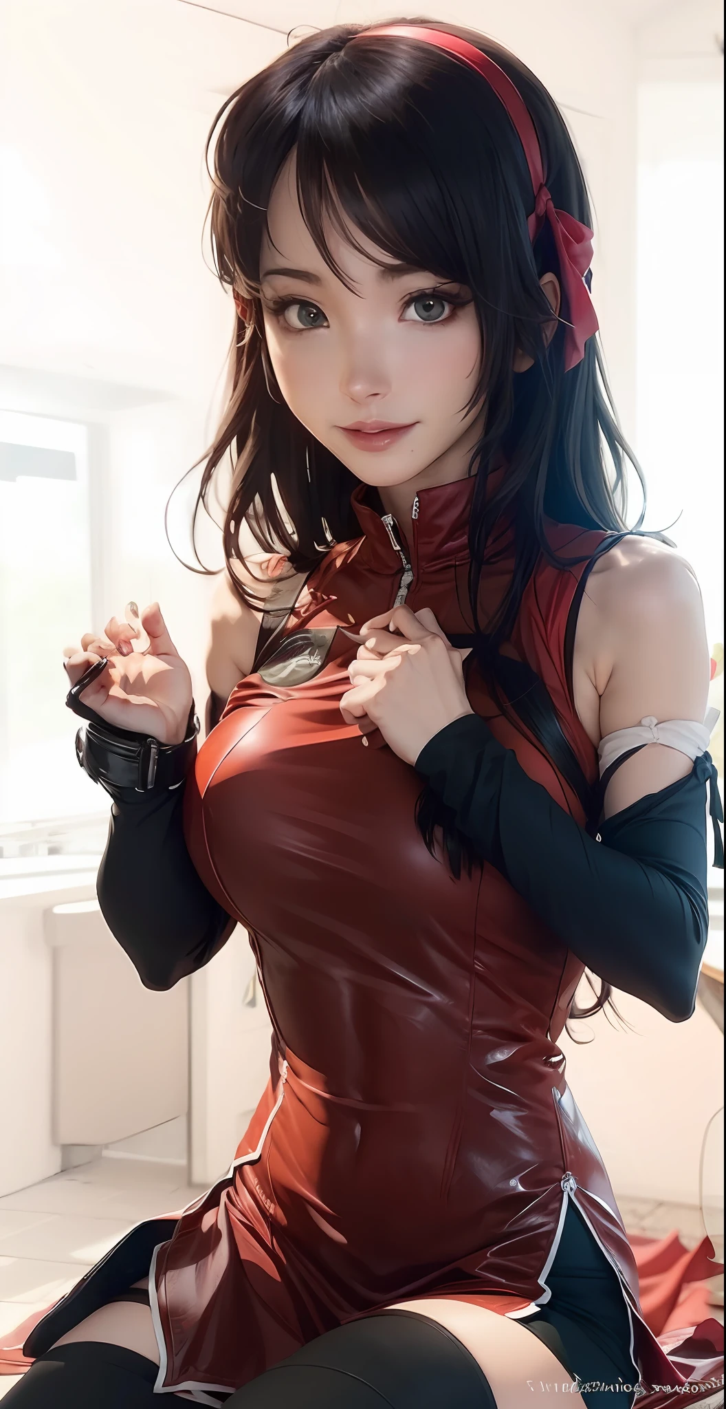 anime girl with red eyes and black hair sitting on the ground, uchiha sarada, tifa lockhart, seductive anime girl, seductive tifa lockhart portrait, tifa lockheart, attractive anime girl, tifa, anime woman, anime style like fate/stay night, portrait of tifa lockhart, (anime girl), female anime character, portrait of a female anime hero