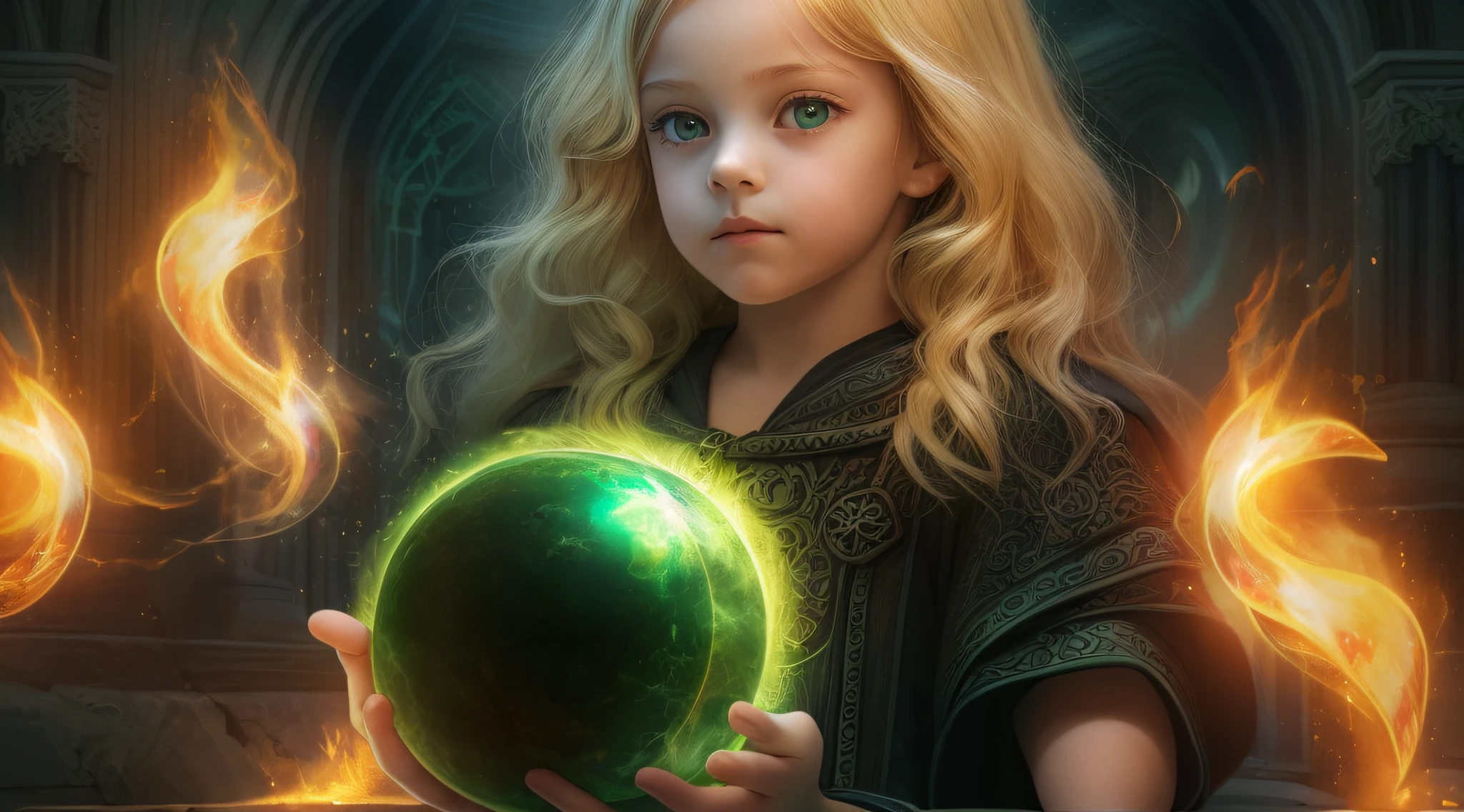 REALISTIC PHOTO, GIRL CHILD , BLONDE BIG HAIR, holding a green ball in his hands, spell casting mage, he is casting an illumination spell, an arcane mage casting a spell, casting a powerful spell, with powers of black magic, casting spells, casting a protection spell, wiccan, magic, magic magic, sacred flame spell,  black magic spells, with black. Magical powers