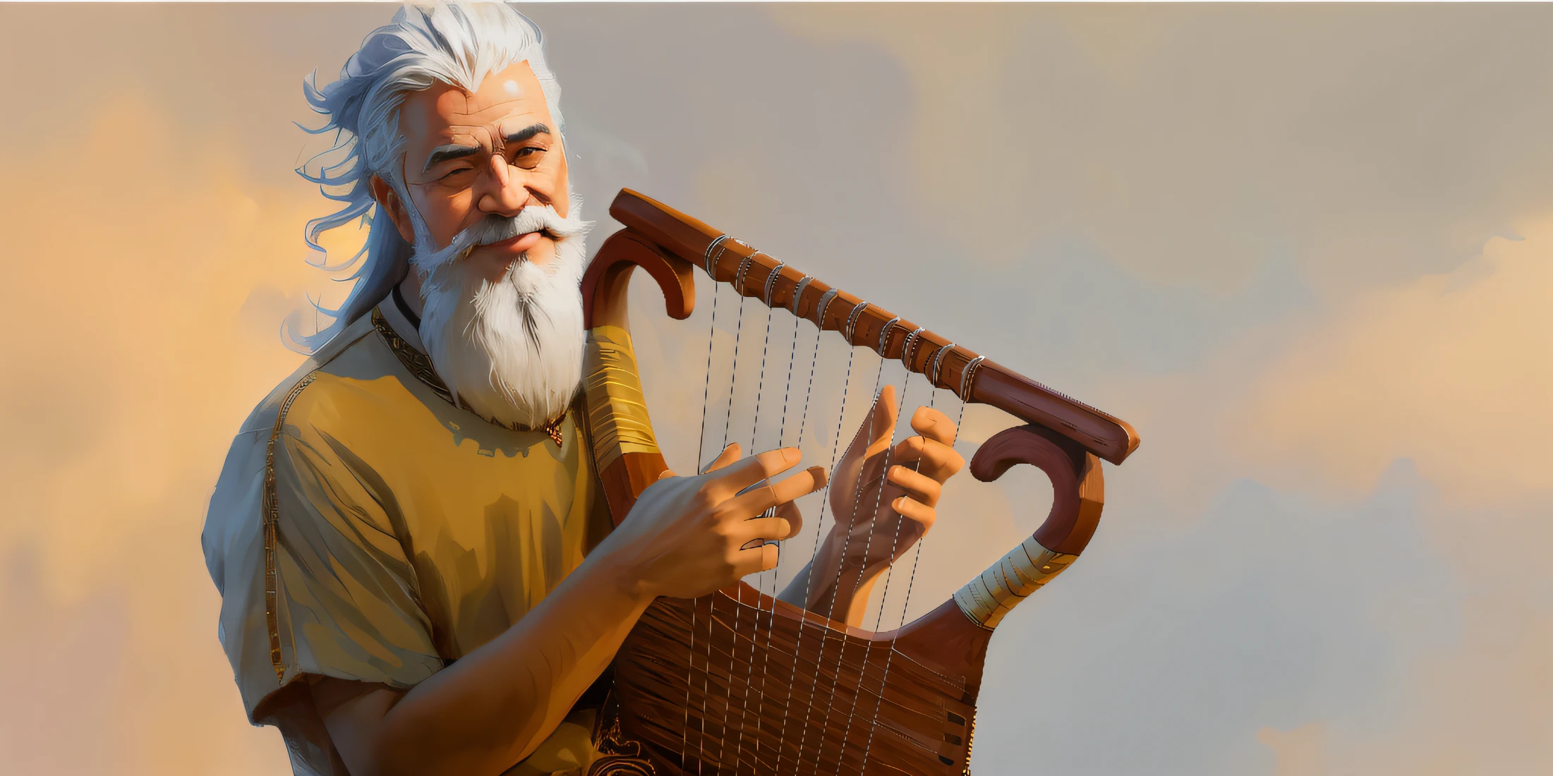 imagem arafed de um homem com uma longa barba tocando uma harpa, the god of music, com harpa, musician, moses, 3d render senior artist, holding a lute, um bardoo humano, bardo, Directed by: Alexander Kucharsky, segurando khopesh, Rob Rey, jornada thatgamecompany, instrumento, foto de retrato detalhada, arte conceitual | RHADS