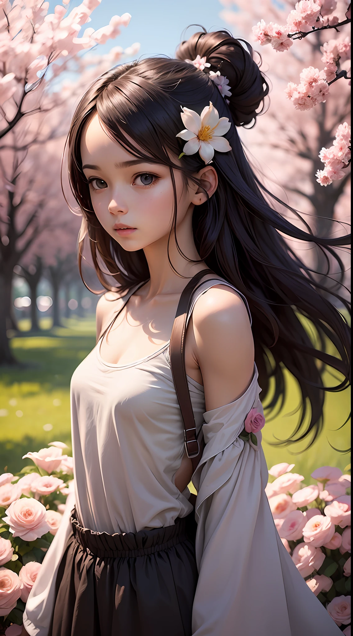A girl,petite,realisticlying, The upper part of the body, Realistis,flowering trees,Floating hair, Detailed face --auto