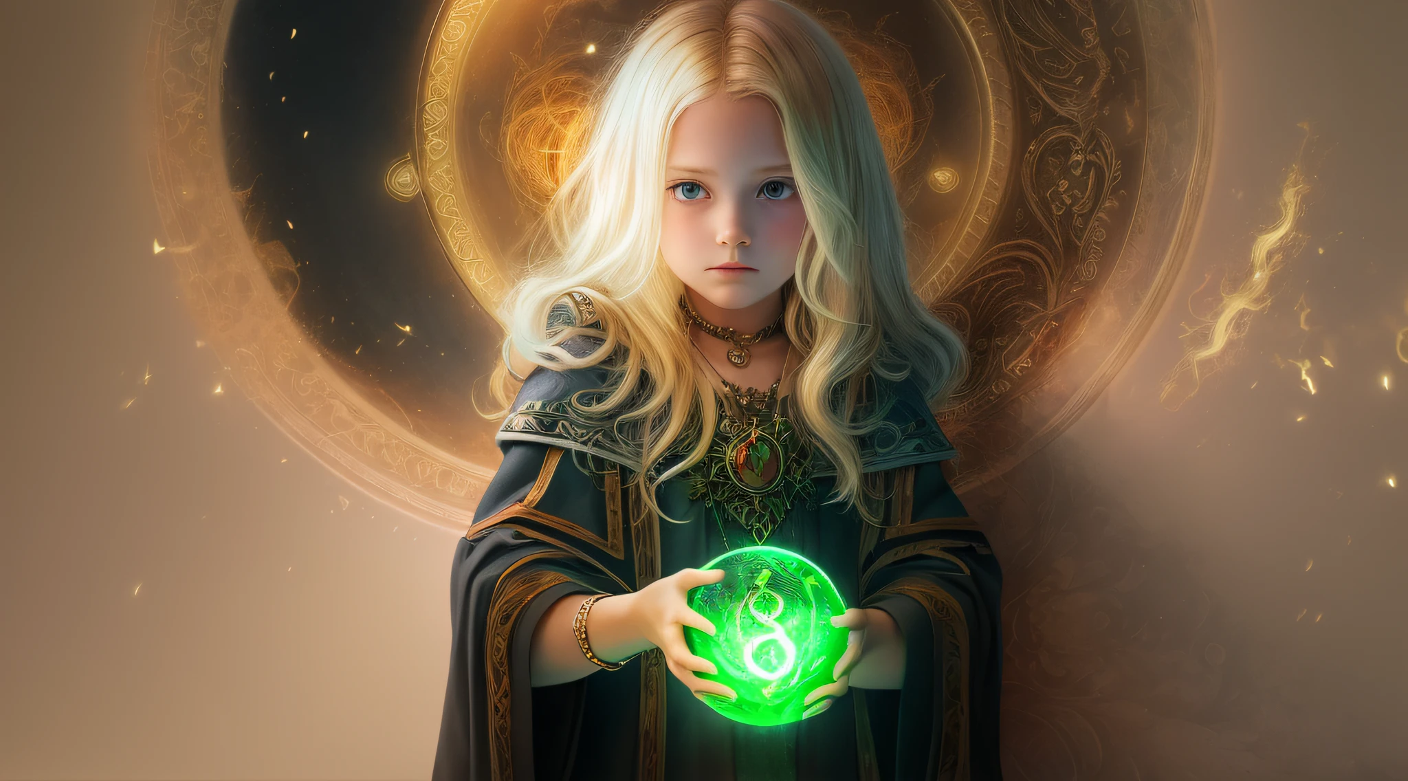 REALISTIC PHOTO, GIRL CHILD 10 YEARS OLD, BLONDE BIG HAIR, holding a green ball in his hands, spell casting mage, he is casting an illumination spell, an arcane mage casting a spell, casting a powerful spell, with powers of black magic, casting spells, casting a protection spell, wiccan, magic, magic magic, sacred flame spell,  black magic spells, with black. Magical powers