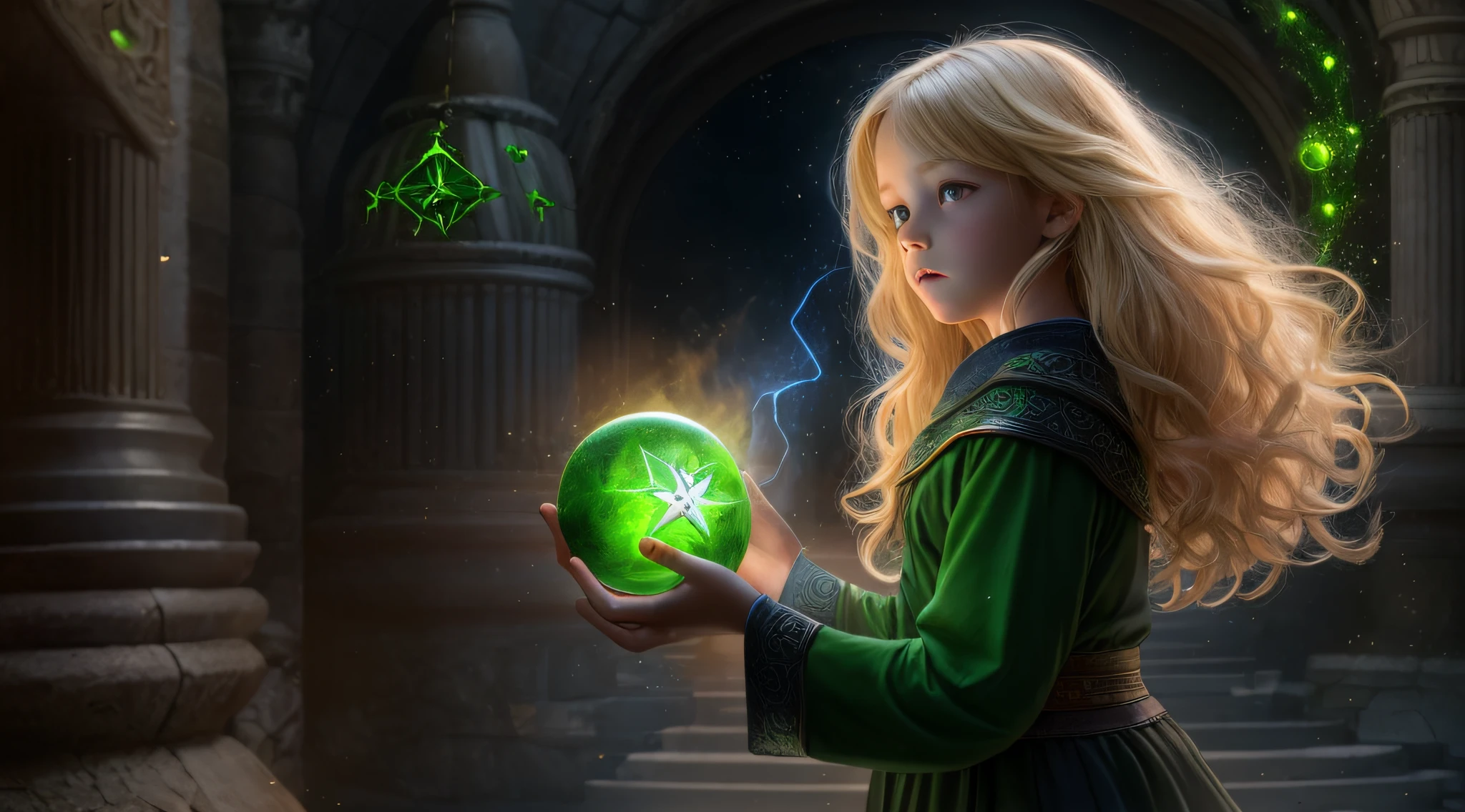 REALISTIC PHOTO, GIRL CHILD , BLONDE BIG HAIR, holding a green ball in his hands, spell casting mage, he is casting an illumination spell, an arcane mage casting a spell, casting a powerful spell, with powers of black magic, casting spells, casting a protection spell, wiccan, magic, magic magic, sacred flame spell,  black magic spells, with black. Magical powers