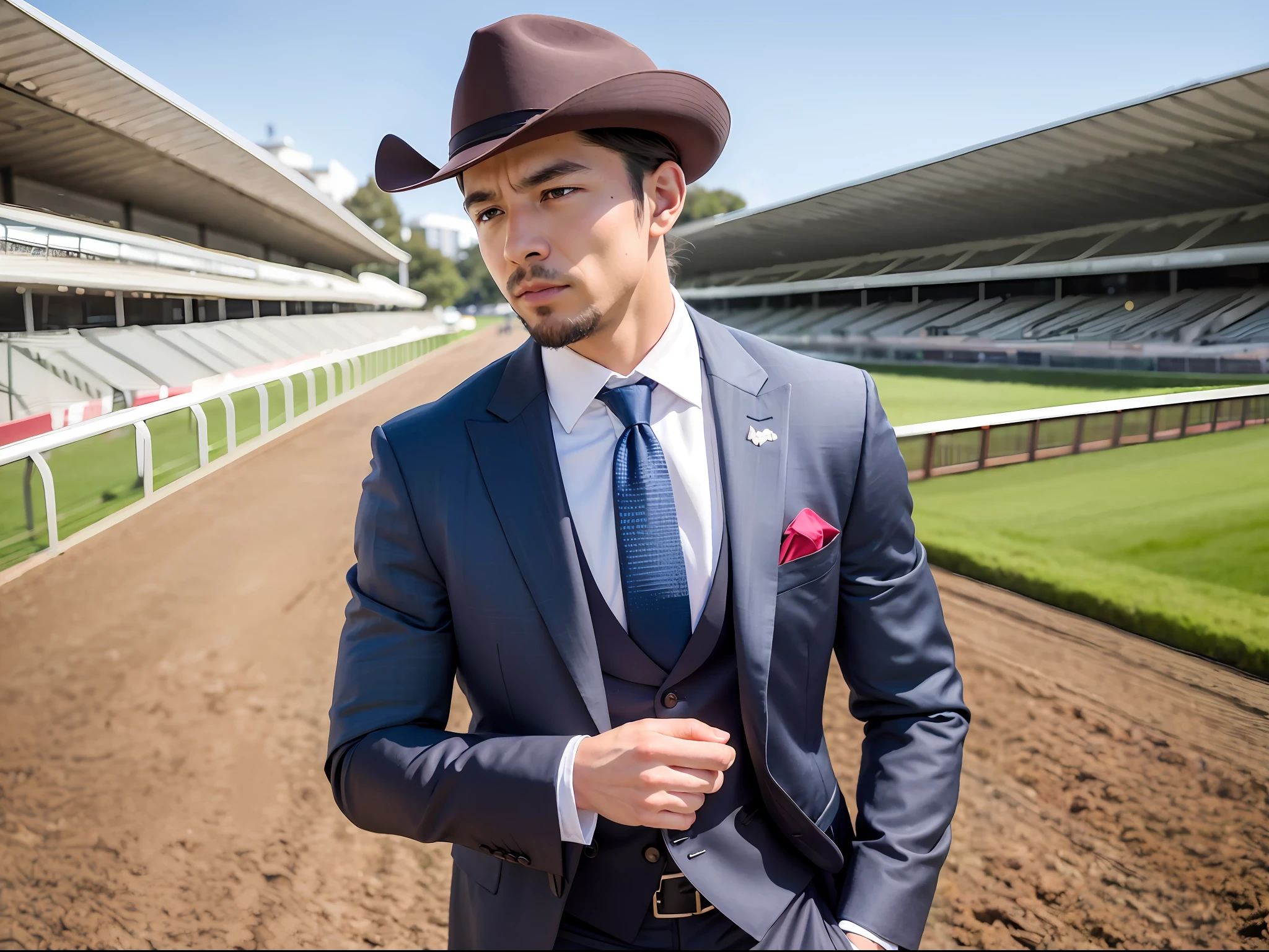 (Cowboy Shot), (((racecourse))), SFW, (masutepiece), (Best Quality:1.0), (超A high resolution:1.0), Detailed Eye Breaking Ton Rack Lock , Suit, Formal, tailcoat, neck tie, Adjustment tie break party, Gorgeous View