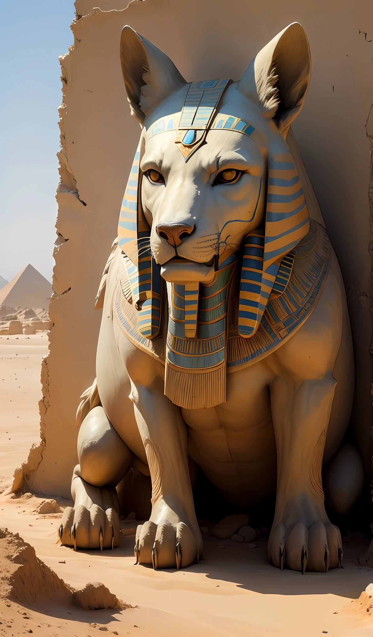 ((masterpiece)),((best quality)),((high detial)),((realistic,)) In the middle of a desert,Dilapidated ancient Egyptian pyramids,Statue of the guardian beast of grace,
