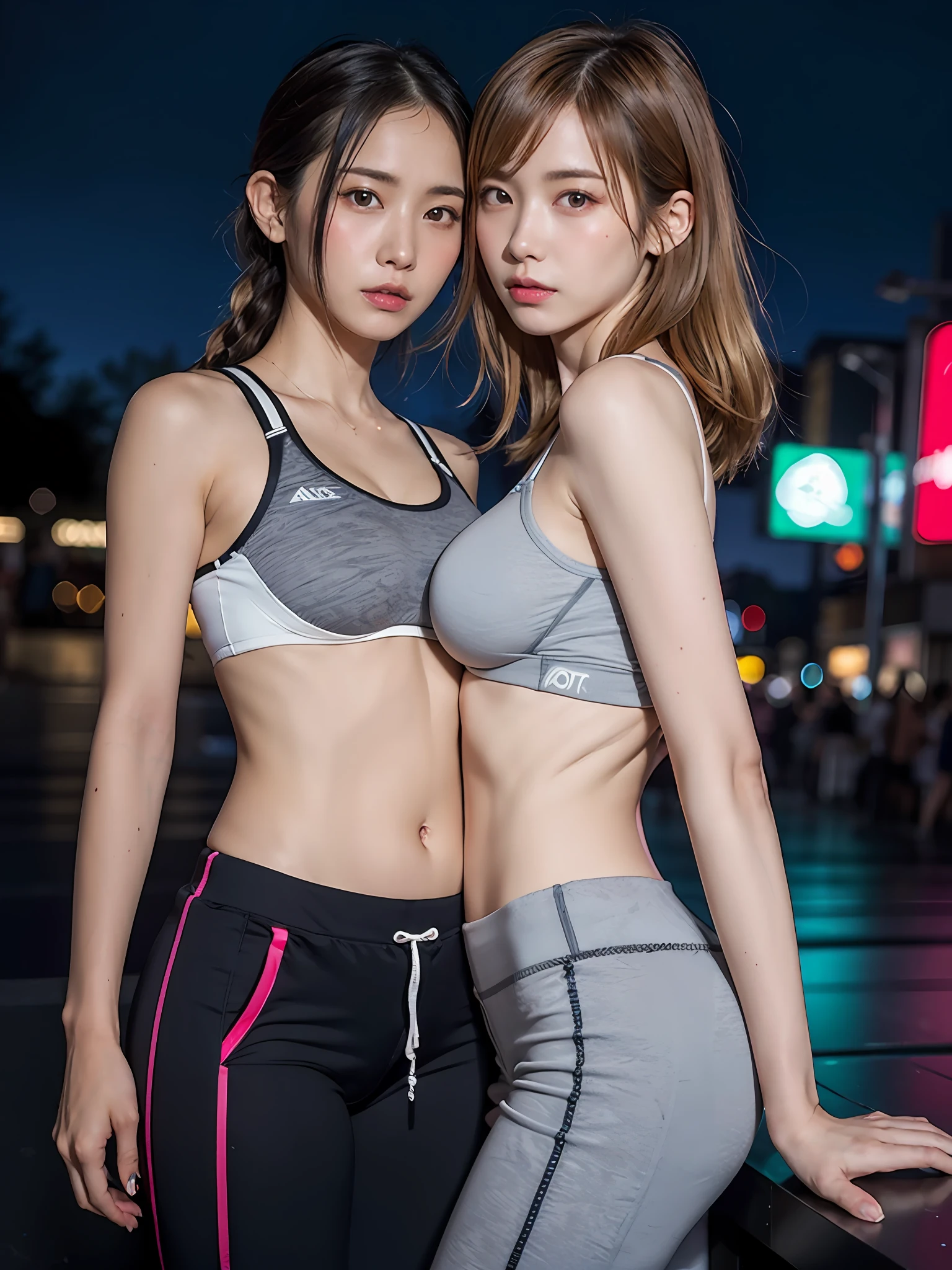 (8K、Raw photography、top-quality、​masterpiece:1.2)、(realisitic、Photorealsitic:1.37)、超A high resolution、depth of fields、Caustics、FujifilmXT3、​masterpiece、ultra-detailliert、(2 girls in)、16 and 28 years old、lesbian、Shinjuku's neon streets、natta、Night view of the building city、(Sportsbra、No bra、sweat pant、Panchira、T back)、slenderbody、Sexy navel、(((small tits)))、[big butts]、[thick waist]、Blonde braided hair、striated hair、a small face、cowboy  shot、Camel toe、The shape of the  and pubic area is clearly visible,,、erotick、female dog、dark suntan line、Dark skin、Dark tanning line、Naughty look、bumps protruding from clothes,,、Anatomically correct human structure、Areola showing through、From Side、