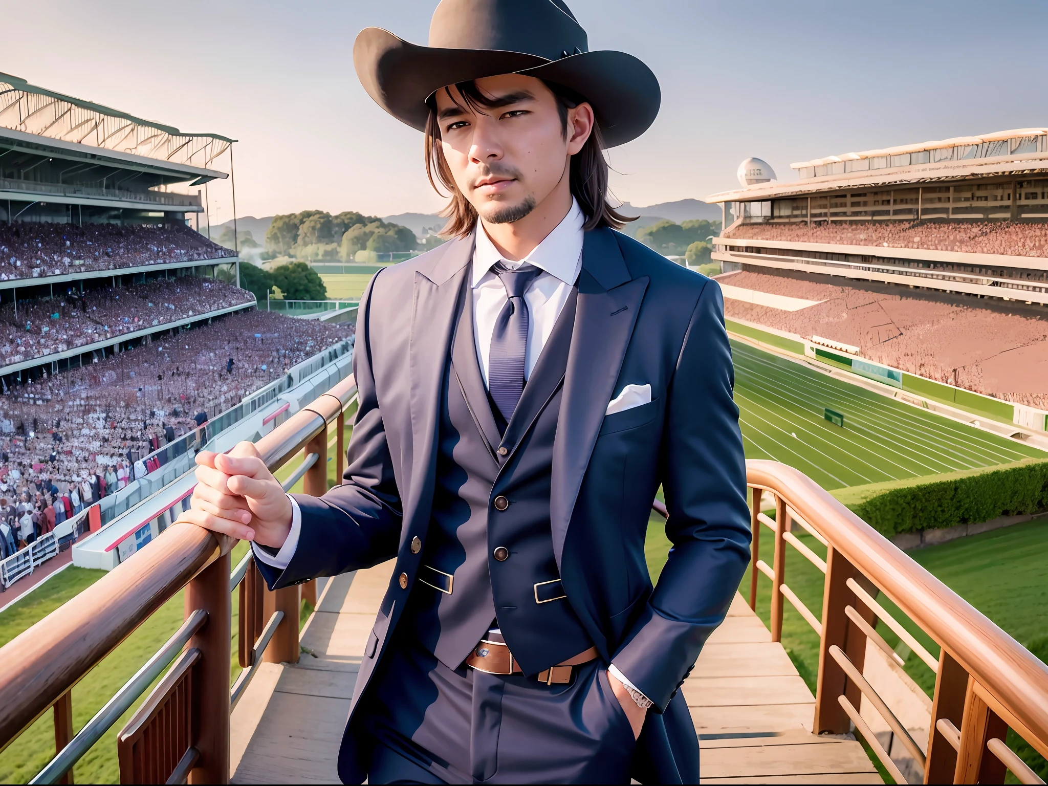 (Cowboy Shot), (((racecourse))), SFW, (masutepiece), (Best Quality:1.0), (超A high resolution:1.0), Detailed Eye Breaking Ton Rack Lock , Suit, Formal, tailcoat, neck tie, Adjustment tie break party, Gorgeous View