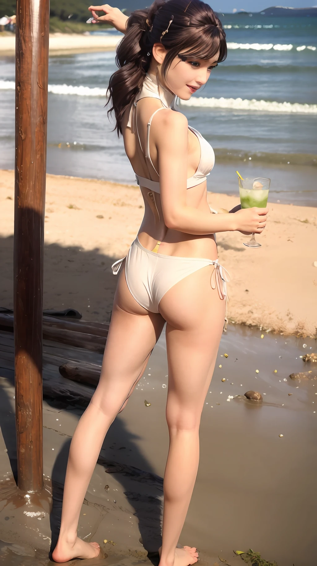 stick out ass ,real face,3persons,drinking Mojito,full body photo,japanese cute ladies,wear tiny bikini,on summer beach,extremely detailed body,shine smile,well-trained body,dinamite hip, beachvolley, --auto