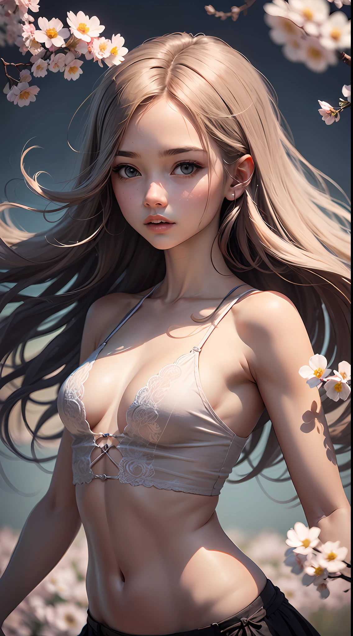 A girl，Petite，realisticlying， The upper part of the body， Realistis，flowering trees，Floating hair， Detailed face --auto