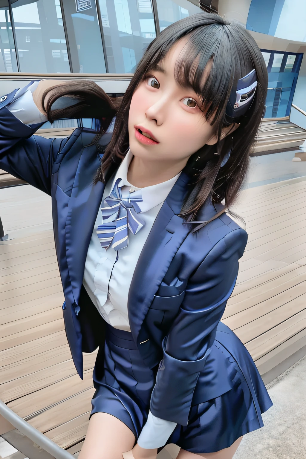 masutepiece, Best Quality, hight resolution, HMKH1, blue bowtie, blue bow, Brown skirt, Brown jacket, Black pantyhose, School uniform, Cowboy Shot, Leaning forward,