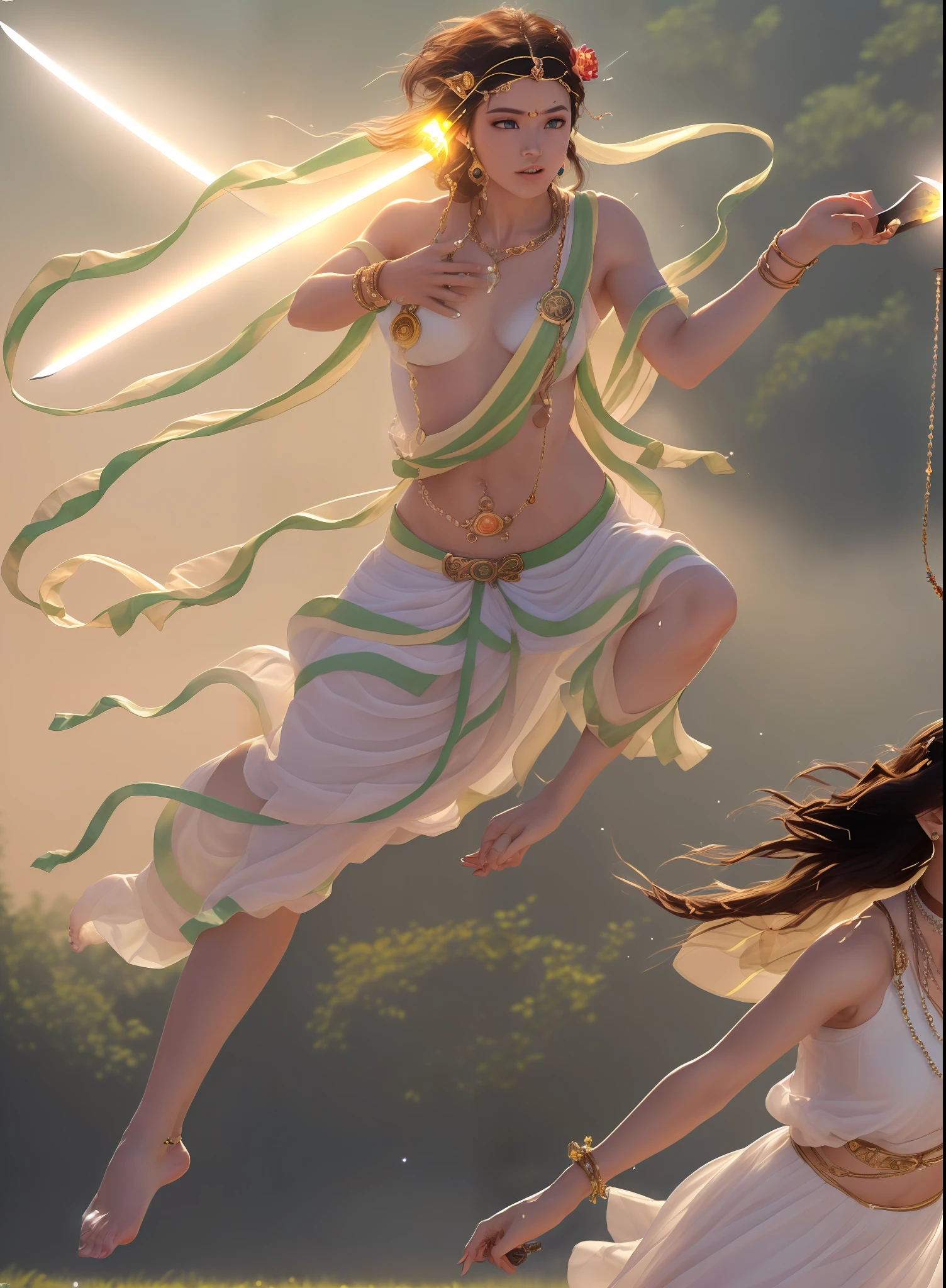 A goddess flying in the sky,16 yaers old,(primitive:1.2),(realisticlying:1.4),(Sharpness:1.2),(((body high:1.5))),(((Gemstones refract dazzling light))),((middlebreast:1)),(Abs:0.7),(glute:1.2),(healthy-looking skin, Thin skin, seductiveexpression, 二重まぶた,Jelly textured lips, Glowing lips,Small upturned lips,(((Flawless skin texture))),Real pores,ctextured skin,choker necklace,Yingluo,(Wear gemstones,pearls,hisui,amber,),(Dynamic hair,Hair hanging down the shoulders,Beaded hairpins,Layered hair,Wet skin texture),Glossy glossy skin,Glowing skin,Radiant hair,eyes looking at the lens,High quality detailing, Cinematic lighting,((Contre-Jour)),absurderes, unbelievable Ridiculous, hugefilesize, ultra - detailed, A high resolution, The is very detailed,best qualtiy,tmasterpiece,illustratio,The is very detailed,CG,unified,8k 壁纸,Amazing Cleavage,finely detailled,tmasterpiece,light in face,Contre-Jour,cinmatic lighting,(((Dynamic lens,Focus on people))),((body proportions of the high jumper)),(((dynamicposes))),(((Correct anatomy))),(((garments:Indian sarees made of transparent plastic,((Pedras preciosas,Diamond,pendant,choker necklace,waist chains,ear studs,耳Nipple Ring,Bracelet,Anklets)),(((A world of mist and nothingness))),(((The flying sword is set with gems))),(((Body floating in the air,foot in the air,Tiptoe off the ground,flight))),(((cinematic ligh:Shushan Biography))),((Countless glowing small swords levitated around the body)),