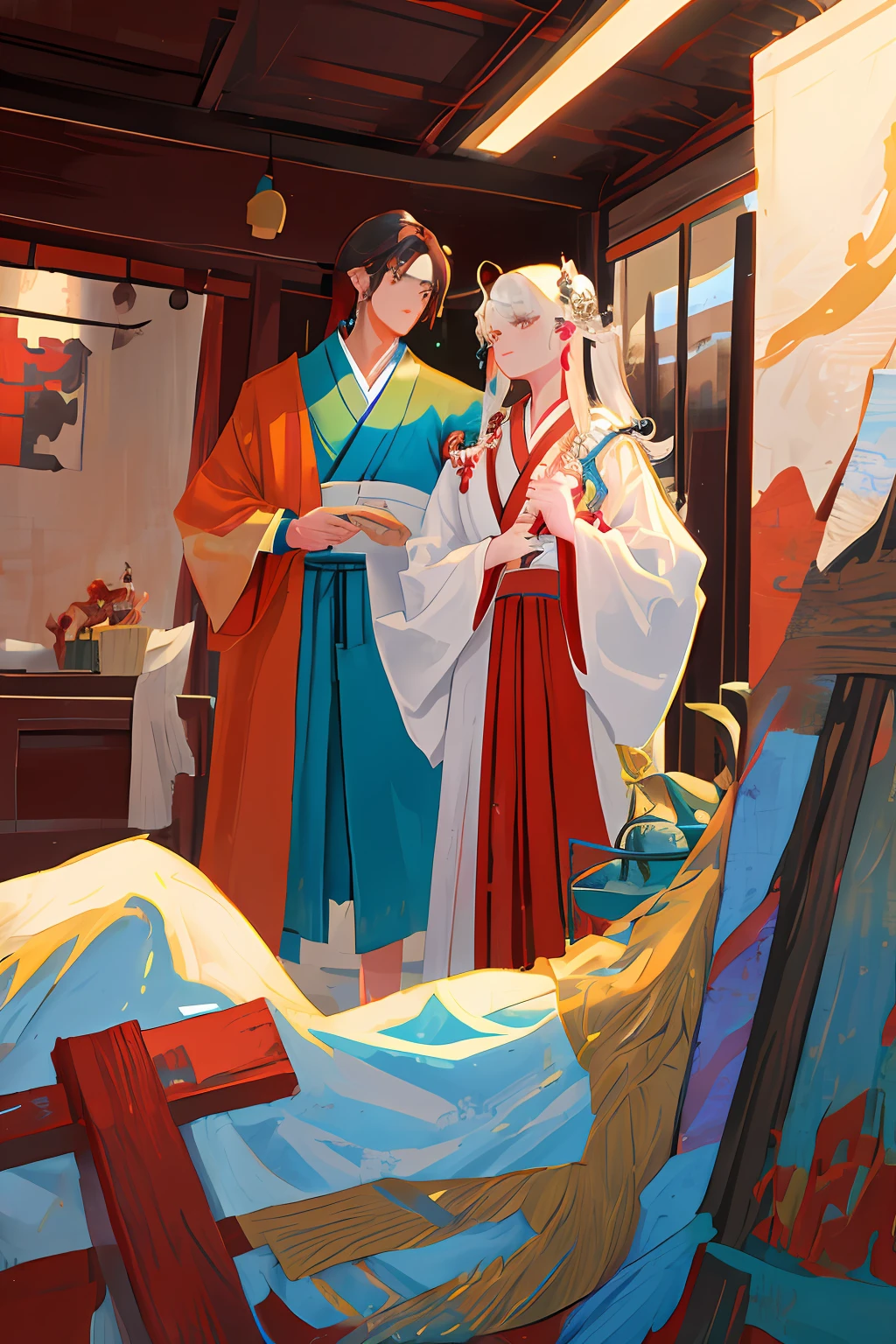 Concept Art, "1 Couple, Male Focus, Fin Ears, Multicolored Hair, Handsome Boy, Long White Hair, Tassels, Bangs, Carp, Colorful, Bold Colors, White Kimono, (Open) Kimono, Traditional Chinese Clothing, Close-up, Intimate Interaction in Bed, Stud Earrings, Rings, Sweat, Illuminate People", Colorful, Master Composition, Focus on Key Figures, Realism, Masterpiece, Award-Standing, Best Quality, Masterpiece, Ultra Detailed, 8K, Extremely Detailed CG Unity 8k wallpaper, complex, highly detailedrealistic