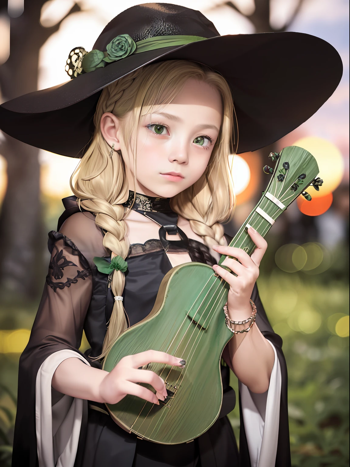 (Pretty little girl with braids wearing a green witch's hat), (cute girl about 11 years old), playing the lute, simple green witch hat,(masterpiece), (extremely intricate:1.3), (realistic), portrait of a little girl, the most beautiful in the world, (green witch's robe) , upper body, forest, intense sunlight, professional photograph of a stunning girl detailed, dramatic, award winning, cinematic lighting, ,  volumetrics dtx, (film grain, blurry background, blurry foreground, bokeh, depth of field, sunset, motion blur:1.3), chainmail,chuuChloe,yuyao,Realism,Oversized shirt